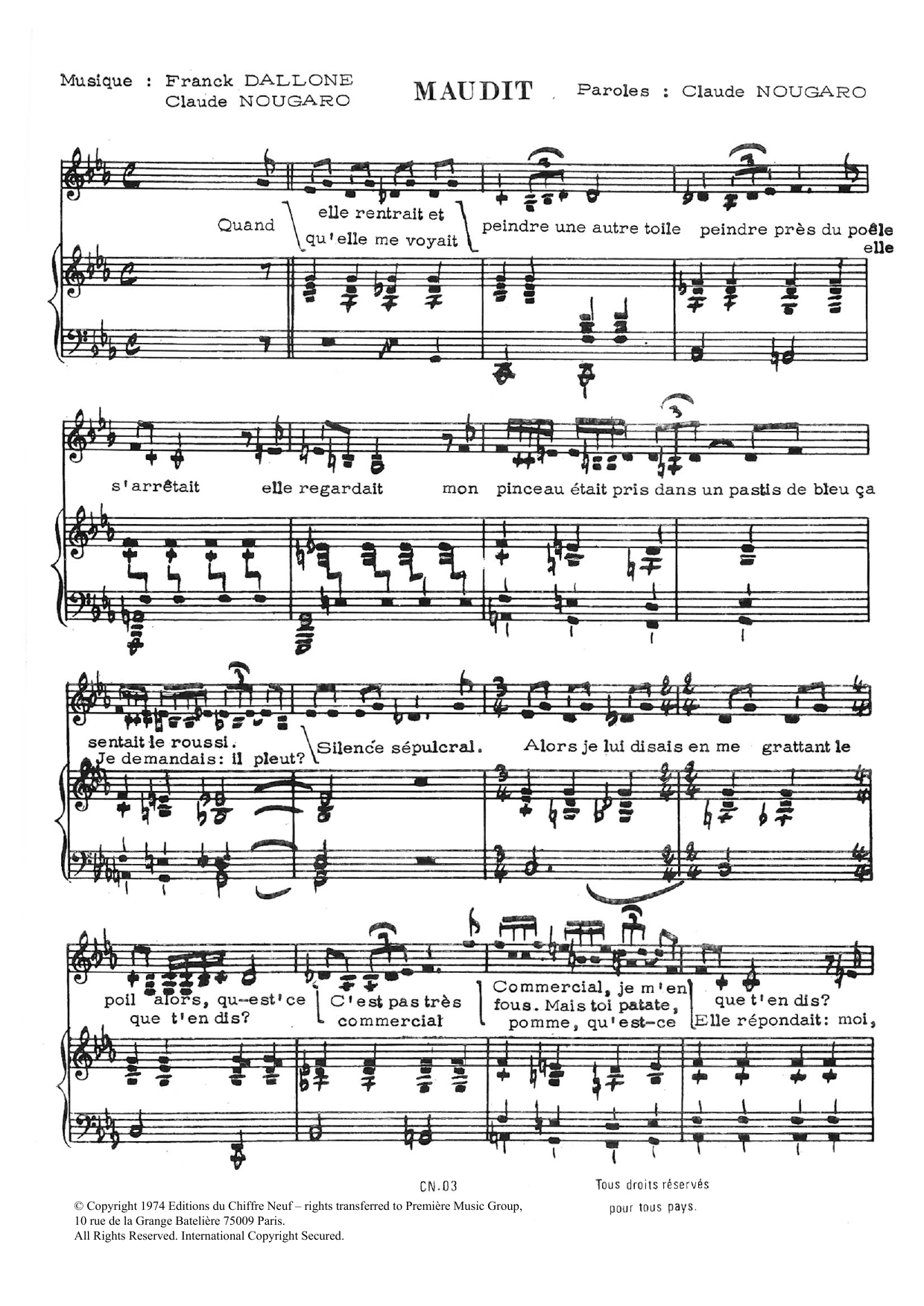 Learn to play Claude Nougaro Maudit sheet music for Piano & Vocal in minutes. Price: 7.8900$ Claude Nougaro Maudit sheet music notes and chords arranged for Piano & Vocal