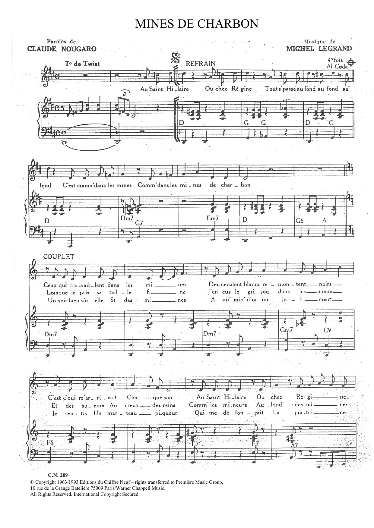Learn to play Claude Nougaro Mines De Charbon sheet music for Piano & Vocal in minutes. Price: 7.8900$ Claude Nougaro Mines De Charbon sheet music notes and chords arranged for Piano & Vocal