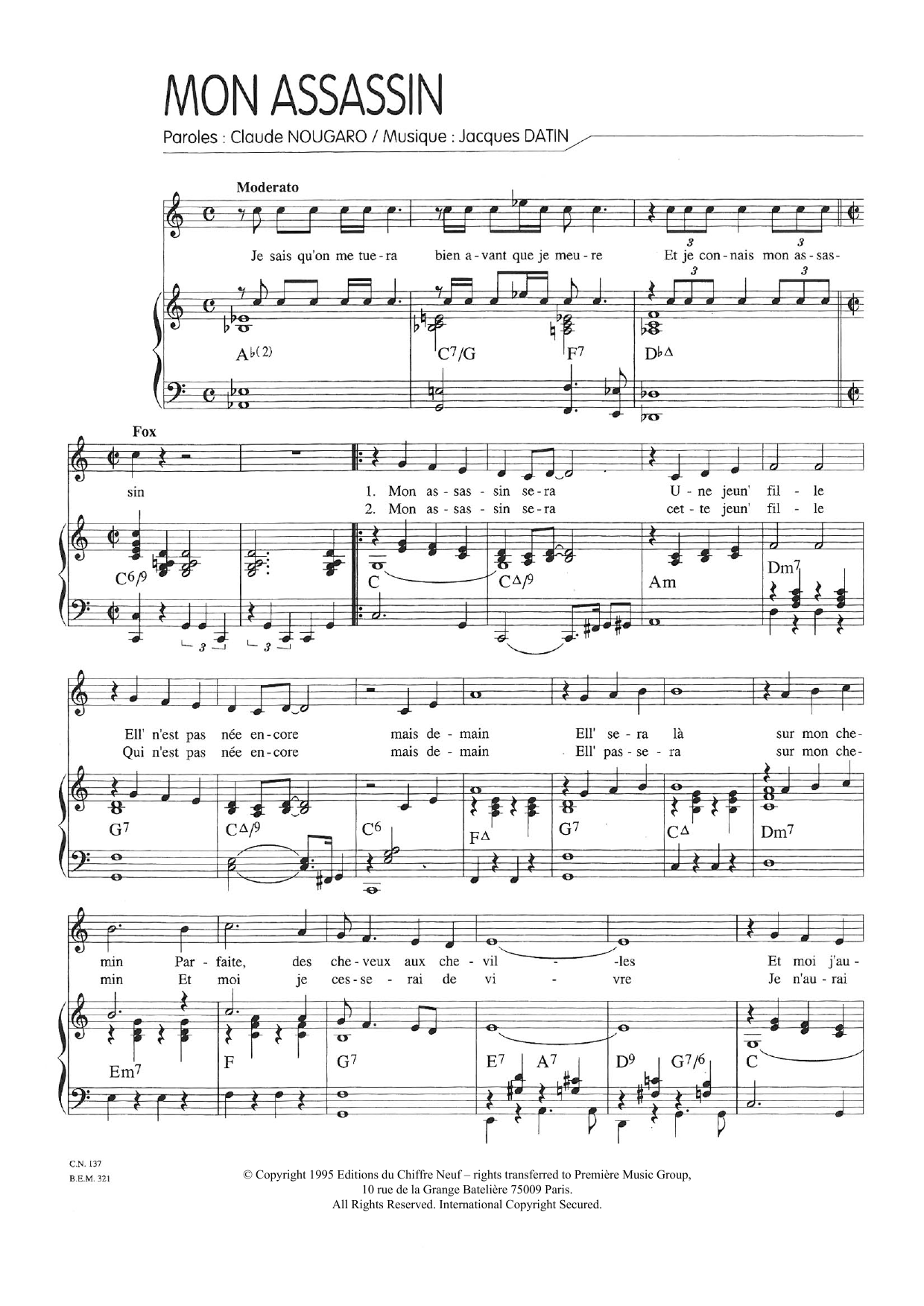 Learn to play Claude Nougaro Mon Assassin sheet music for Piano & Vocal in minutes. Price: 7.8900$ Claude Nougaro Mon Assassin sheet music notes and chords arranged for Piano & Vocal