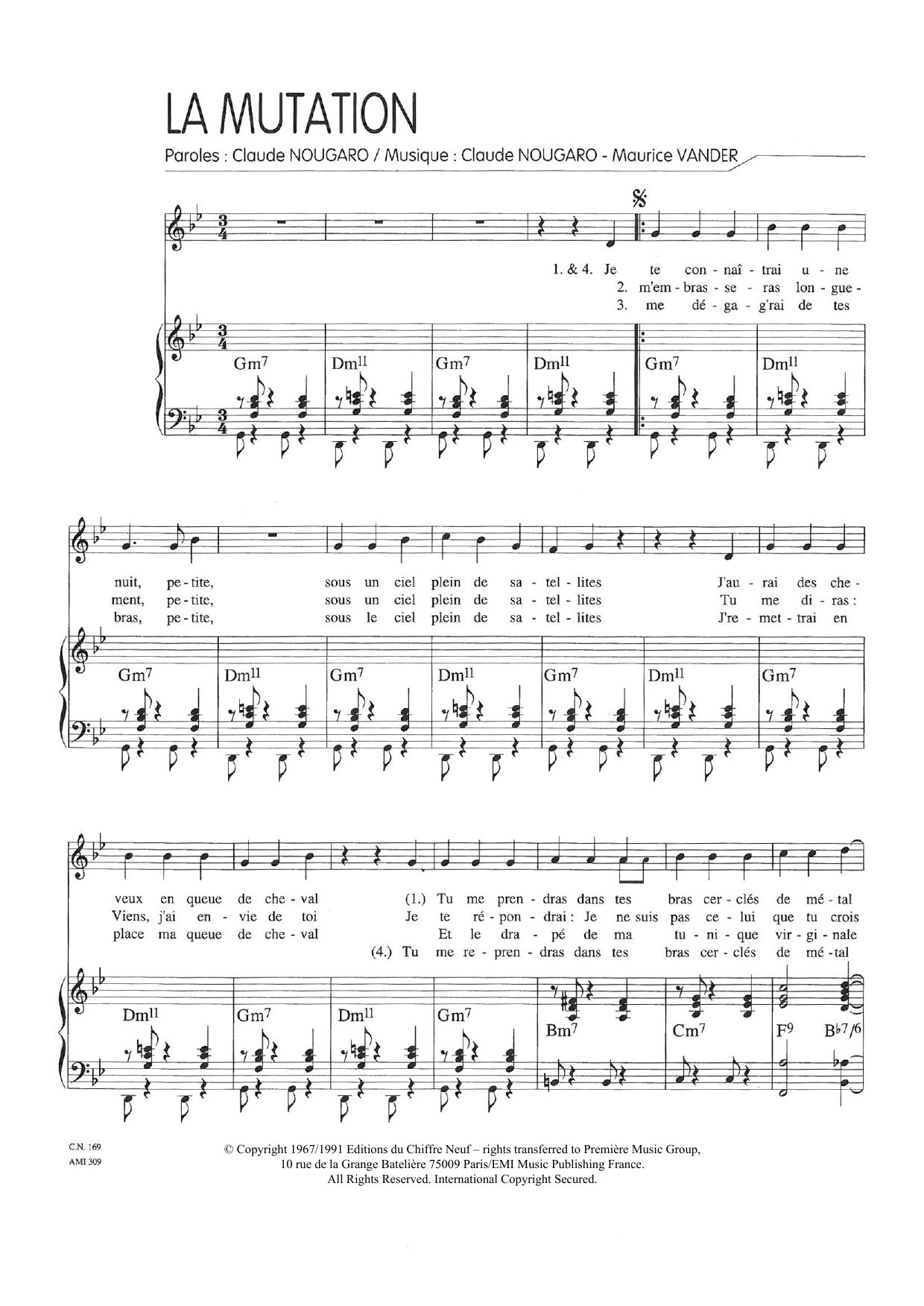 Learn to play Claude Nougaro Mutation sheet music for Piano & Vocal in minutes. Price: 7.8900$ Claude Nougaro Mutation sheet music notes and chords arranged for Piano & Vocal