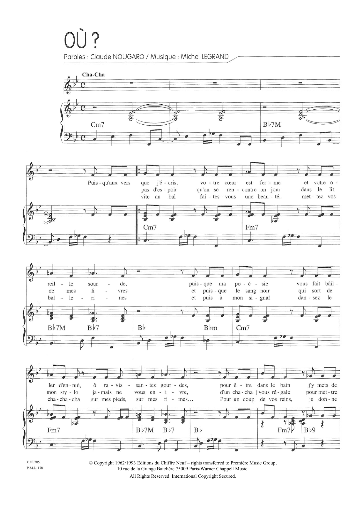 Learn to play Claude Nougaro Ou? sheet music for Piano & Vocal in minutes. Price: 7.8900$ Claude Nougaro Ou? sheet music notes and chords arranged for Piano & Vocal