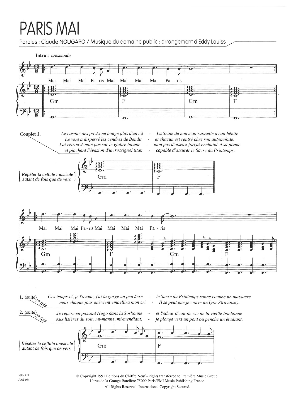 Learn to play Claude Nougaro Paris Mai sheet music for Piano & Vocal in minutes. Price: 7.8900$ Claude Nougaro Paris Mai sheet music notes and chords arranged for Piano & Vocal