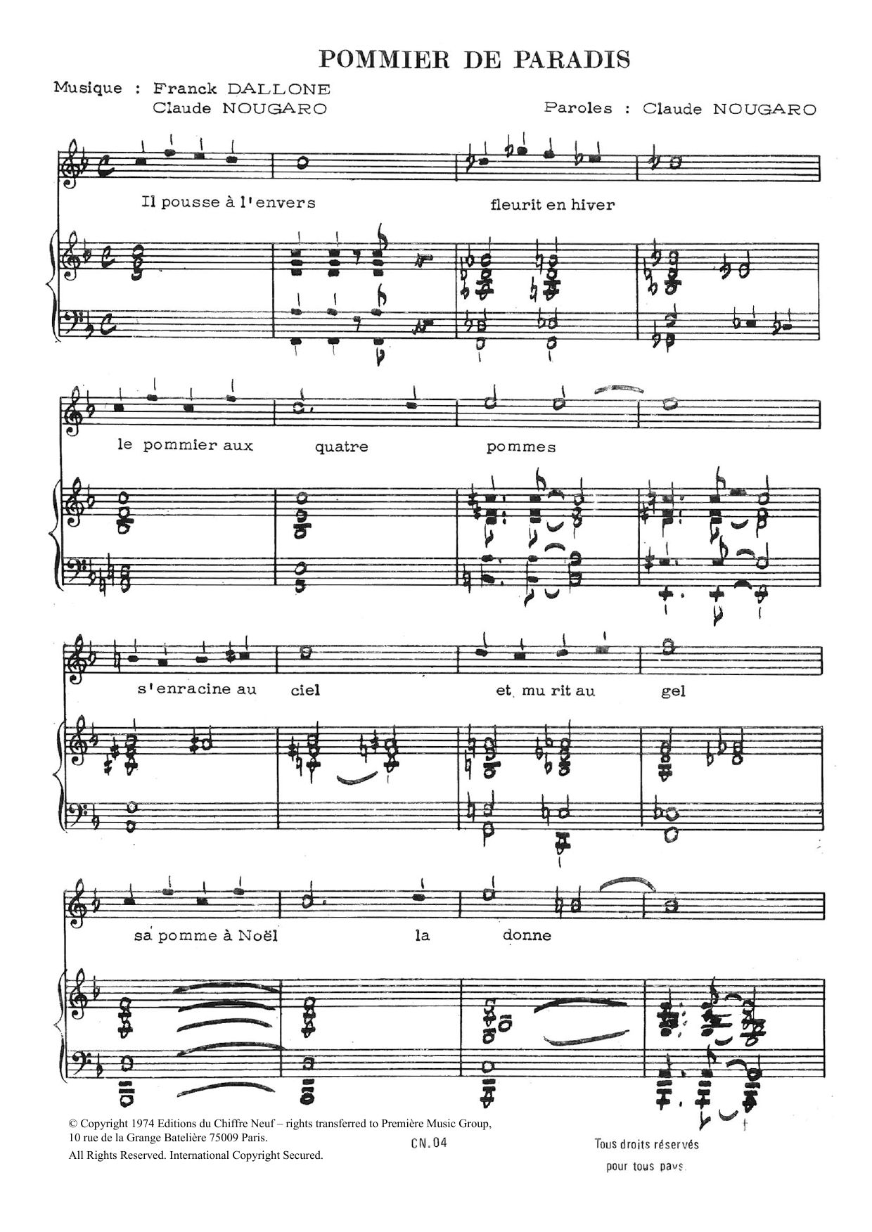 Learn to play Claude Nougaro Pommier De Paradis sheet music for Piano & Vocal in minutes. Price: 7.8900$ Claude Nougaro Pommier De Paradis sheet music notes and chords arranged for Piano & Vocal