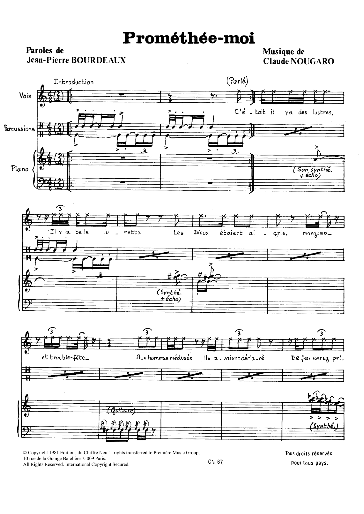 Learn to play Claude Nougaro Promethee-moi sheet music for Piano & Vocal in minutes. Price: 7.8900$ Claude Nougaro Promethee-moi sheet music notes and chords arranged for Piano & Vocal