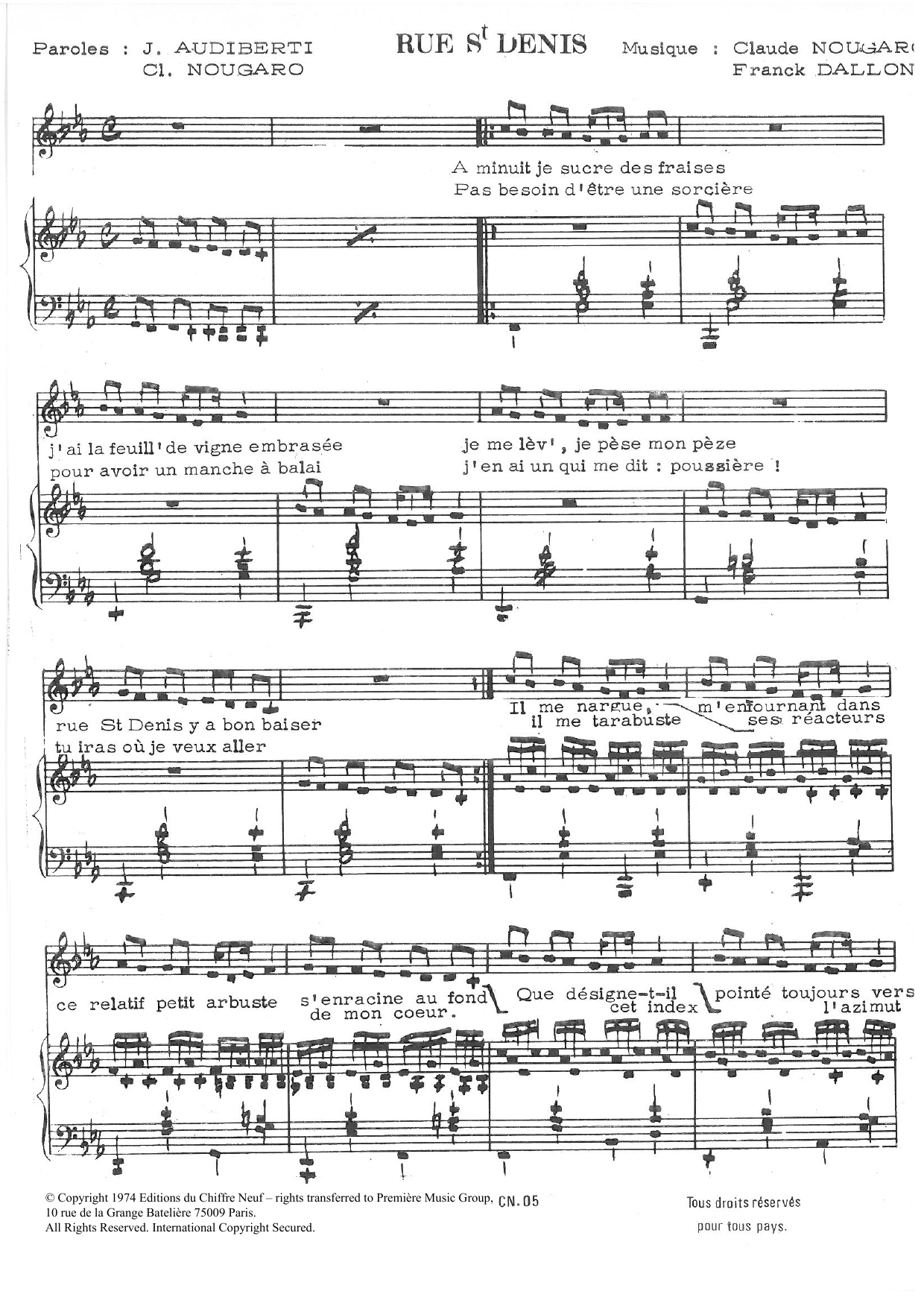 Learn to play Claude Nougaro Rue Saint Denis sheet music for Piano & Vocal in minutes. Price: 7.8900$ Claude Nougaro Rue Saint Denis sheet music notes and chords arranged for Piano & Vocal