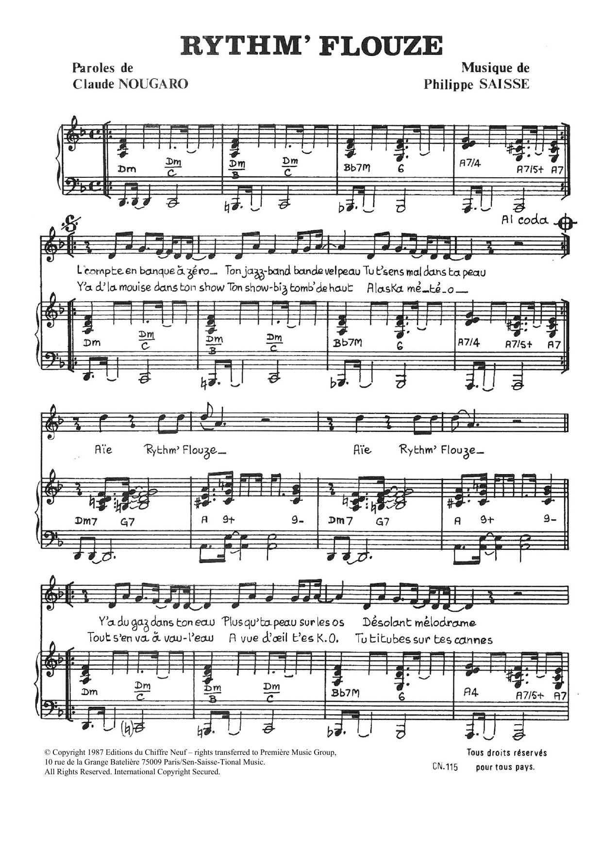 Learn to play Claude Nougaro Rythm' Flouze sheet music for Piano & Vocal in minutes. Price: 7.8900$ Claude Nougaro Rythm' Flouze sheet music notes and chords arranged for Piano & Vocal