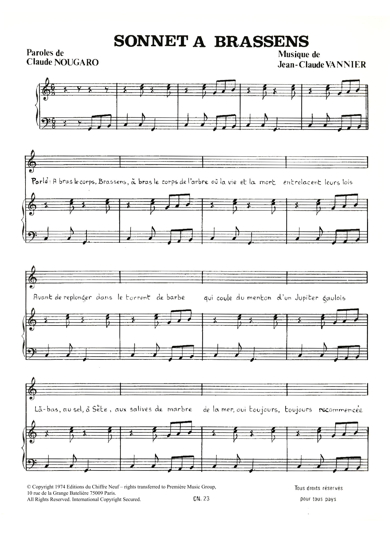 Learn to play Claude Nougaro Sonnet A Brassens sheet music for Piano & Vocal in minutes. Price: 7.8900$ Claude Nougaro Sonnet A Brassens sheet music notes and chords arranged for Piano & Vocal