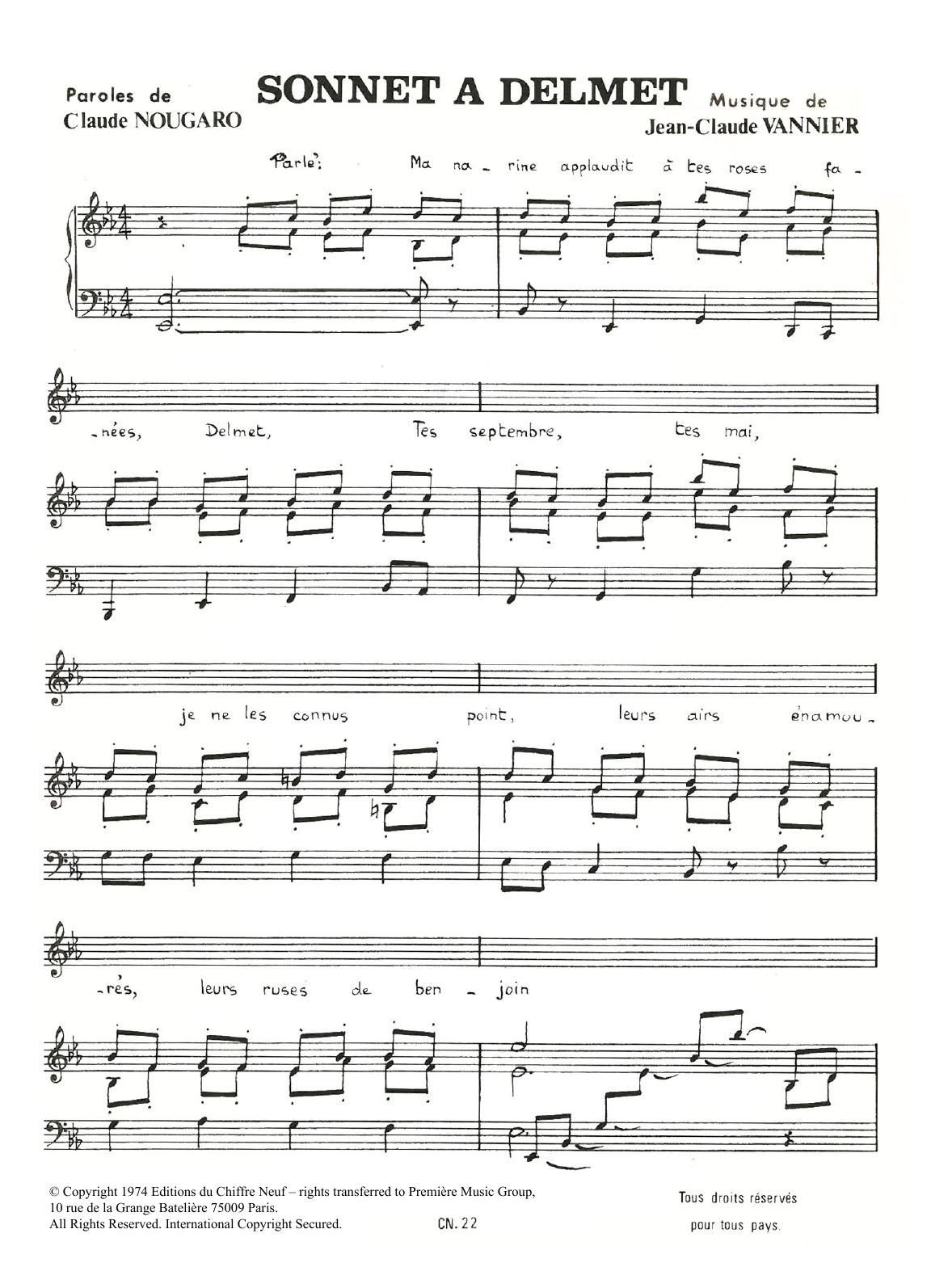 Claude Nougaro Sonnet A Delmet sheet music notes and chords arranged for Piano & Vocal