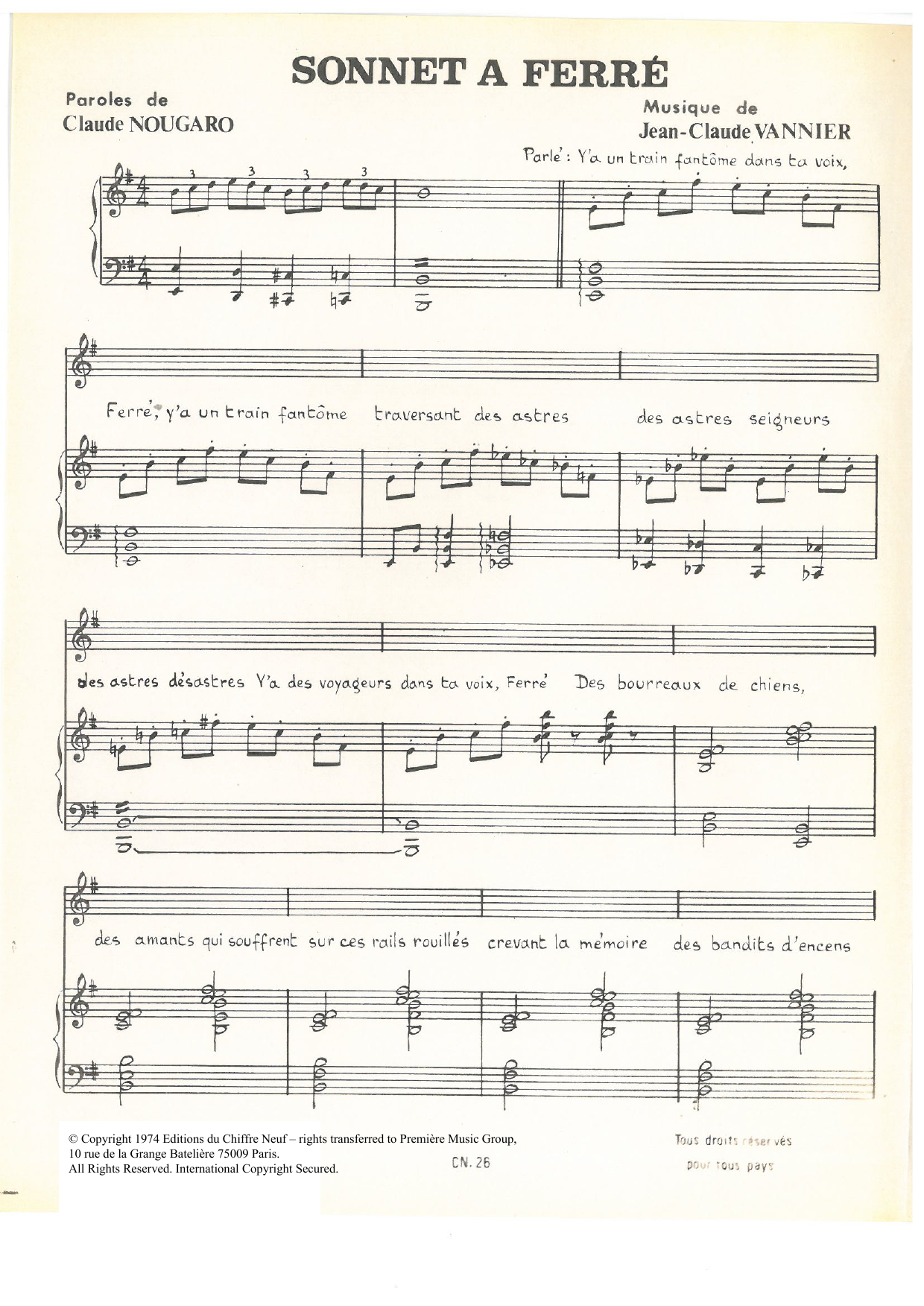 Learn to play Claude Nougaro Sonnet A Ferre sheet music for Piano & Vocal in minutes. Price: 7.8900$ Claude Nougaro Sonnet A Ferre sheet music notes and chords arranged for Piano & Vocal