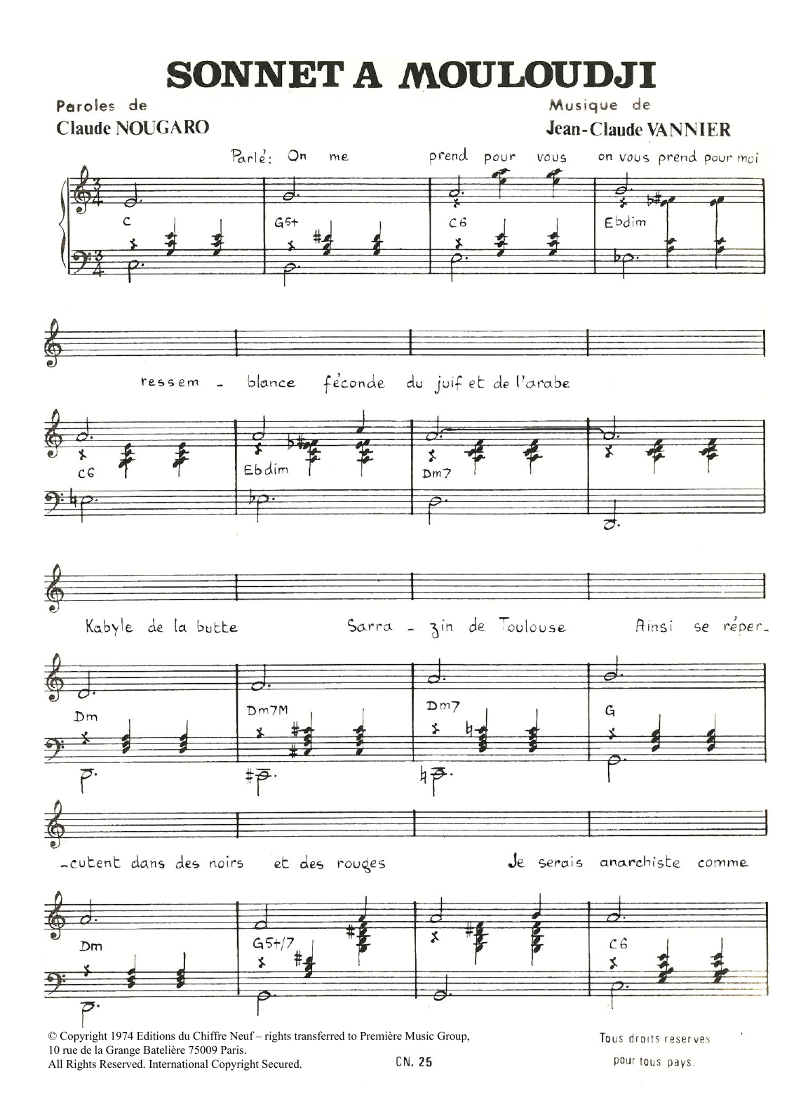 Learn to play Claude Nougaro Sonnet A Mouloudji sheet music for Piano & Vocal in minutes. Price: 7.8900$ Claude Nougaro Sonnet A Mouloudji sheet music notes and chords arranged for Piano & Vocal