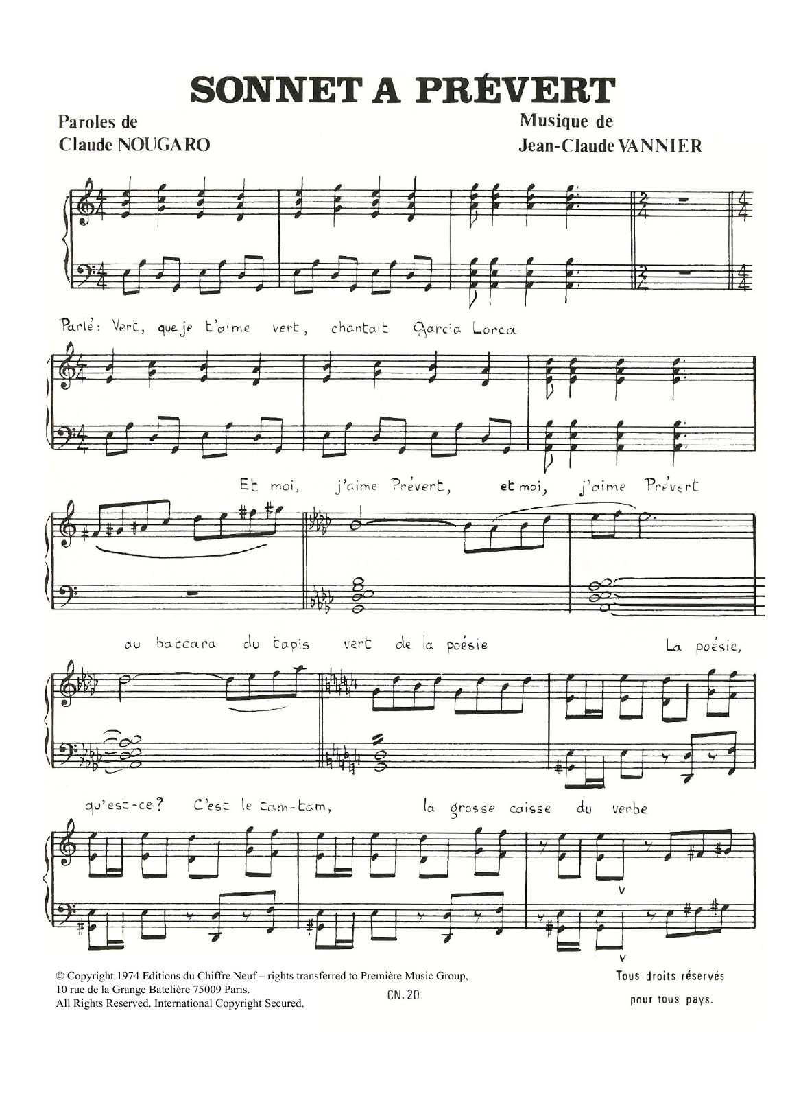 Learn to play Claude Nougaro Sonnet A Prevert sheet music for Piano & Vocal in minutes. Price: 7.8900$ Claude Nougaro Sonnet A Prevert sheet music notes and chords arranged for Piano & Vocal