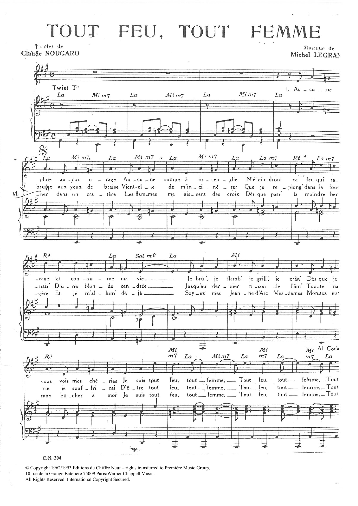 Learn to play Claude Nougaro Tout Feu Tout Femme sheet music for Piano & Vocal in minutes. Price: 7.8900$ Claude Nougaro Tout Feu Tout Femme sheet music notes and chords arranged for Piano & Vocal