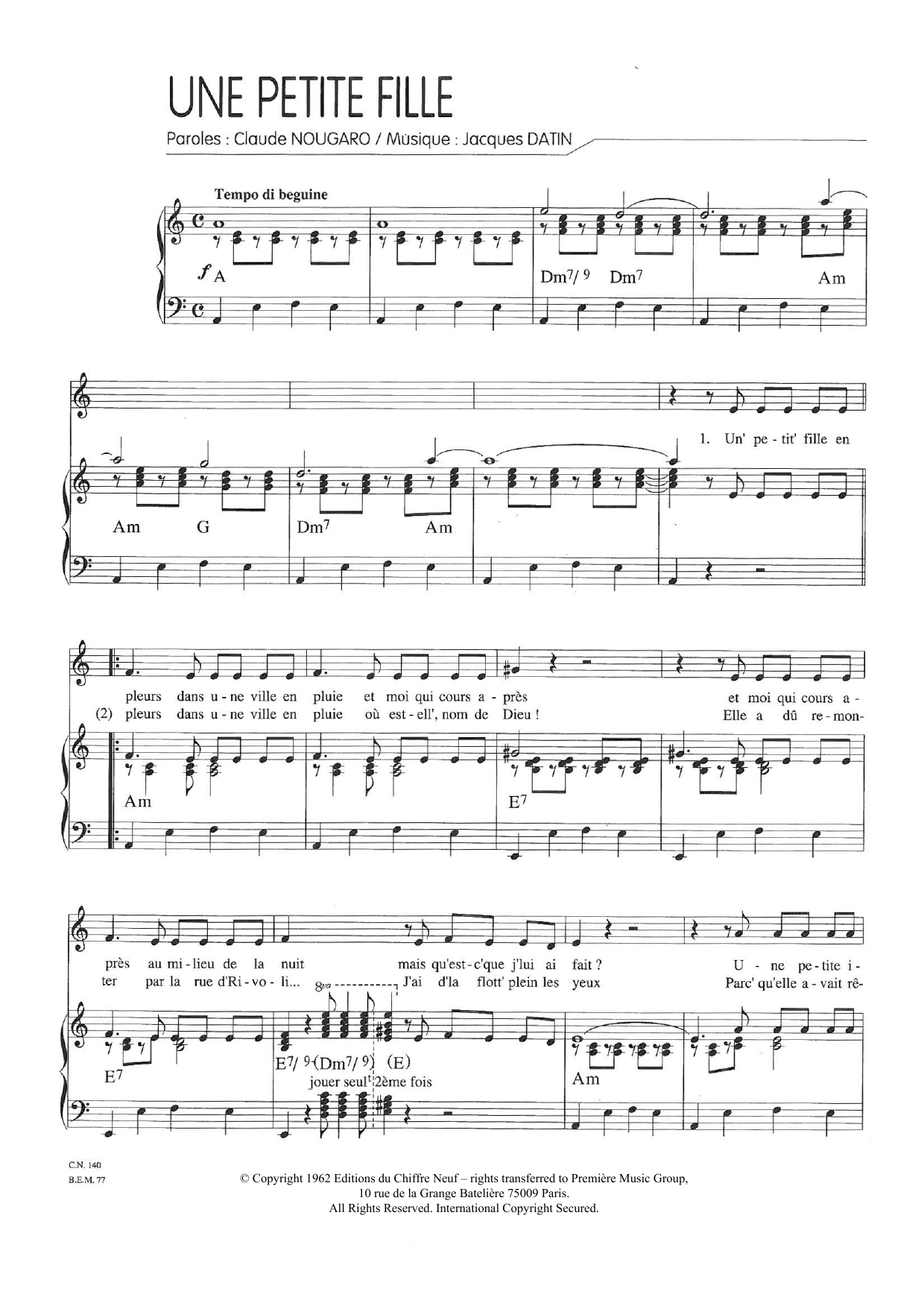 Learn to play Claude Nougaro Une Petite Fille sheet music for Piano & Vocal in minutes. Price: 7.8900$ Claude Nougaro Une Petite Fille sheet music notes and chords arranged for Piano & Vocal