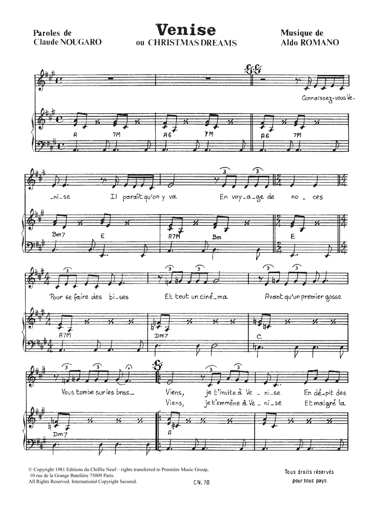 Learn to play Claude Nougaro Venise (Christmas Dreams) sheet music for Piano & Vocal in minutes. Price: 7.8900$ Claude Nougaro Venise (Christmas Dreams) sheet music notes and chords arranged for Piano & Vocal