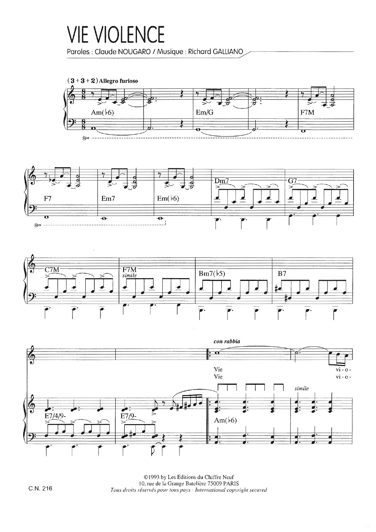 Learn to play Claude Nougaro Vie Violence sheet music for Piano & Vocal in minutes. Price: 7.8900$ Claude Nougaro Vie Violence sheet music notes and chords arranged for Piano & Vocal