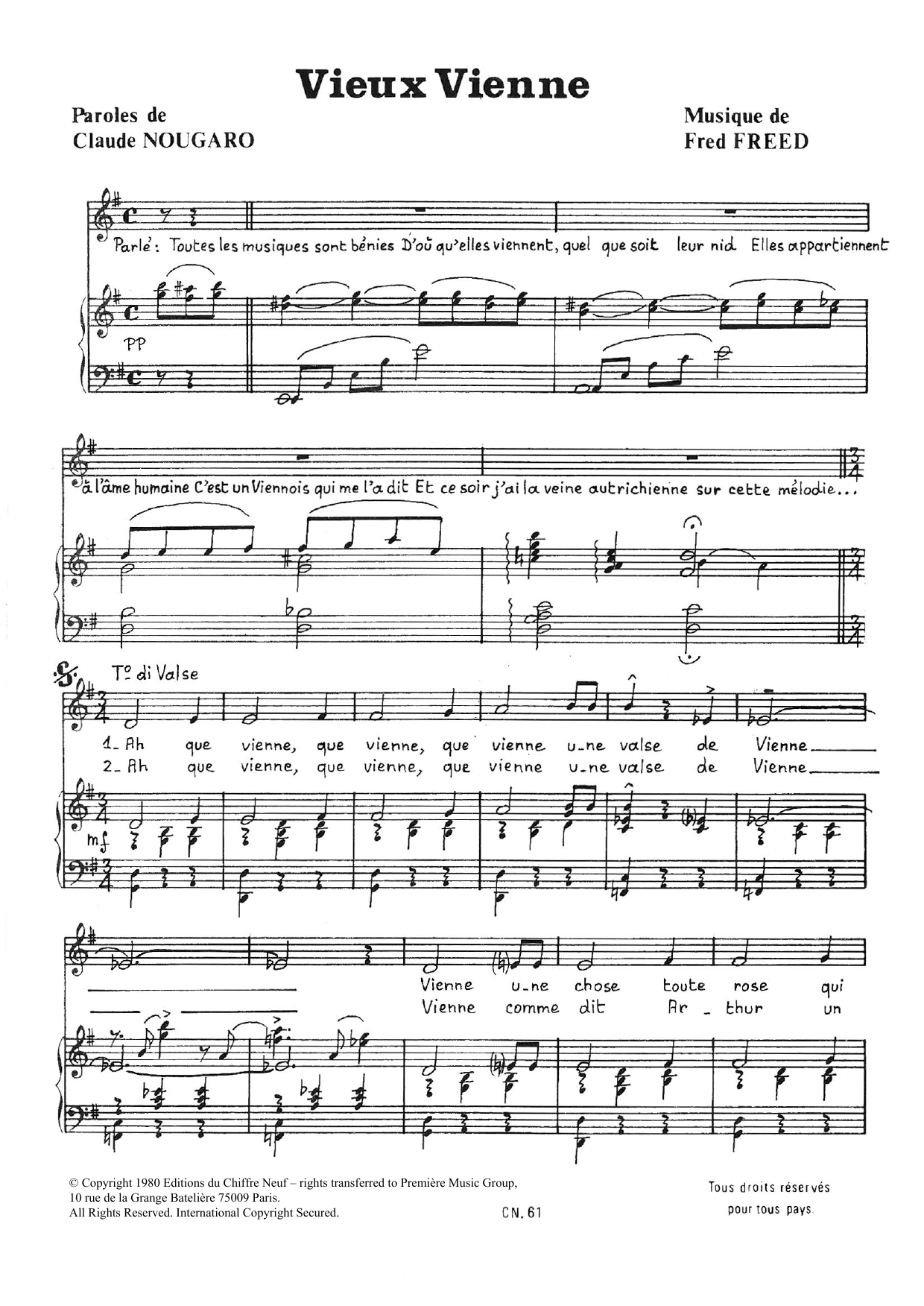 Learn to play Claude Nougaro Vieux Vienne sheet music for Piano & Vocal in minutes. Price: 7.8900$ Claude Nougaro Vieux Vienne sheet music notes and chords arranged for Piano & Vocal