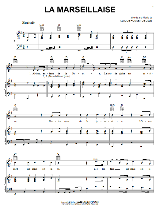Learn to play Claude Rouget de Lisle La Marseillaise sheet music for Piano, Vocal & Guitar Chords (Right-Hand Melody) in minutes. Price: 7.8900$ Claude Rouget de Lisle La Marseillaise sheet music notes and chords arranged for Piano, Vocal & Guitar Chords (Right-Hand Melody)