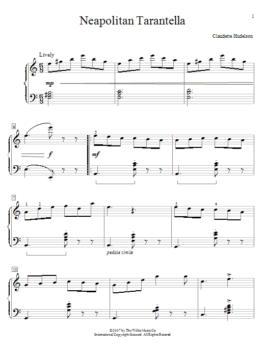 Learn to play Claudette Hudelson Neapolitan Tarantella sheet music for Educational Piano in minutes. Price: 6.9900$ Claudette Hudelson Neapolitan Tarantella sheet music notes and chords arranged for Educational Piano