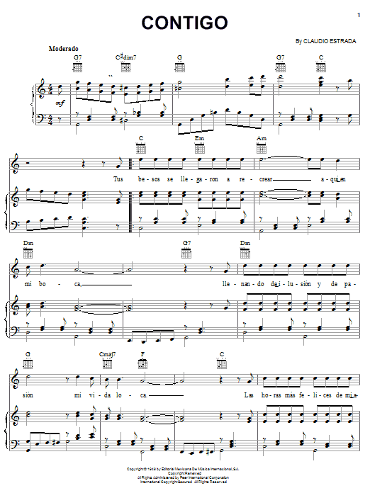 Claudio Estrada Contigo sheet music notes and chords arranged for Piano, Vocal & Guitar Chords (Right-Hand Melody)