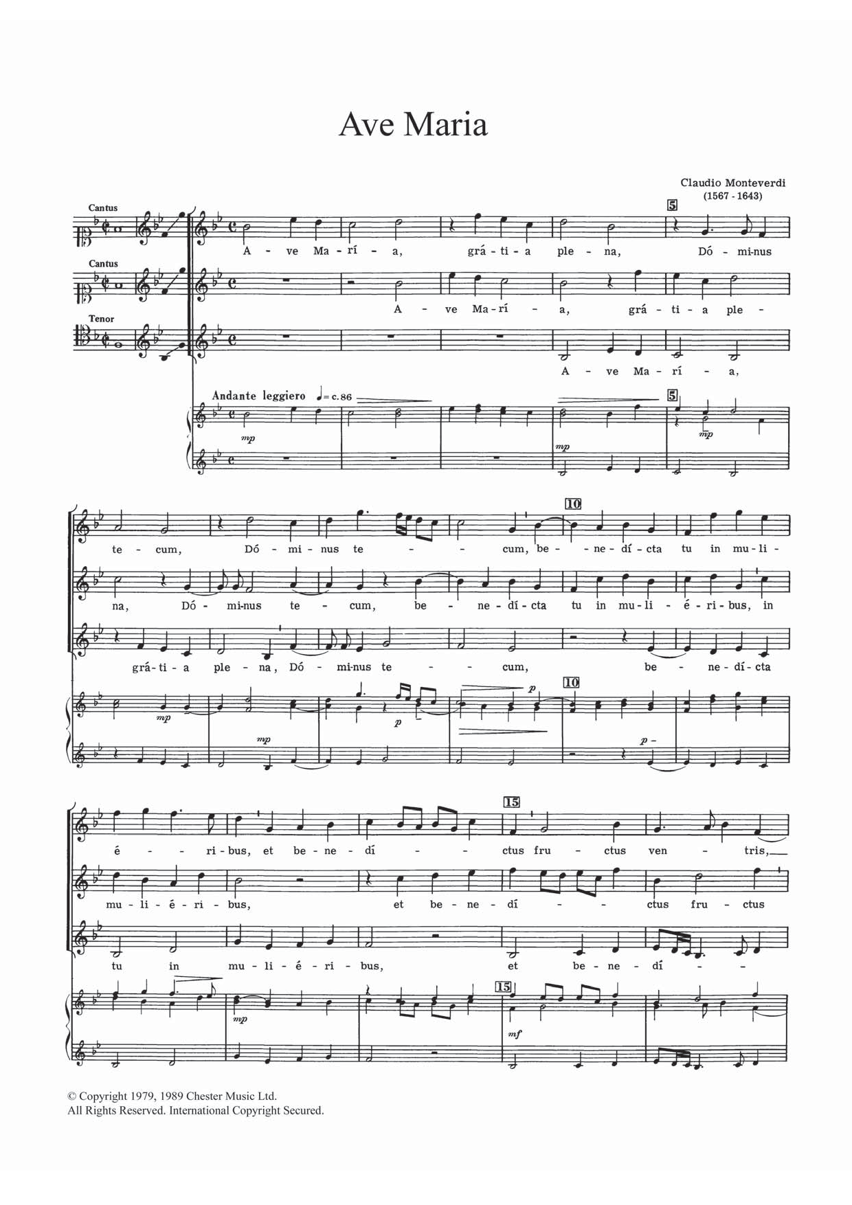 Claudio Monteverdi Ave Maria sheet music notes and chords. Download Printable PDF.