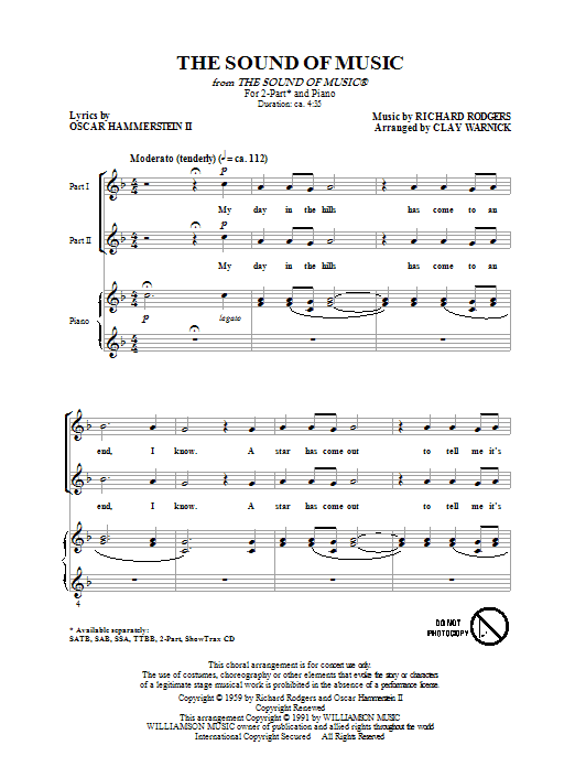 Learn to play Rodgers & Hammerstein The Sound of Music (arr. Clay Warnick) sheet music for 2-Part Choir in minutes. Price: 3.9900$ Rodgers & Hammerstein The Sound of Music (arr. Clay Warnick) sheet music notes and chords arranged for 2-Part Choir