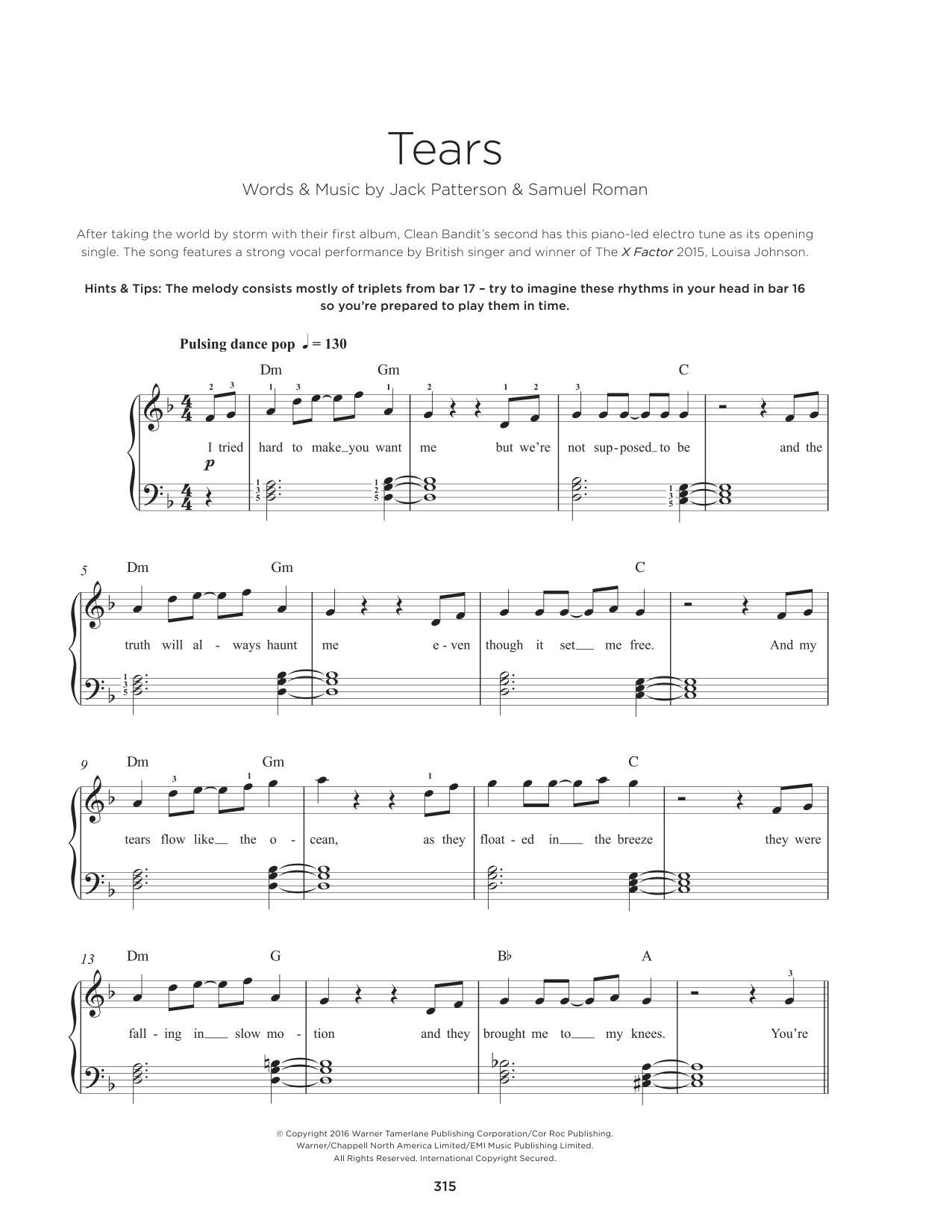 Clean Bandit Tears (feat. Louisa Johnson) sheet music notes and chords arranged for Really Easy Piano