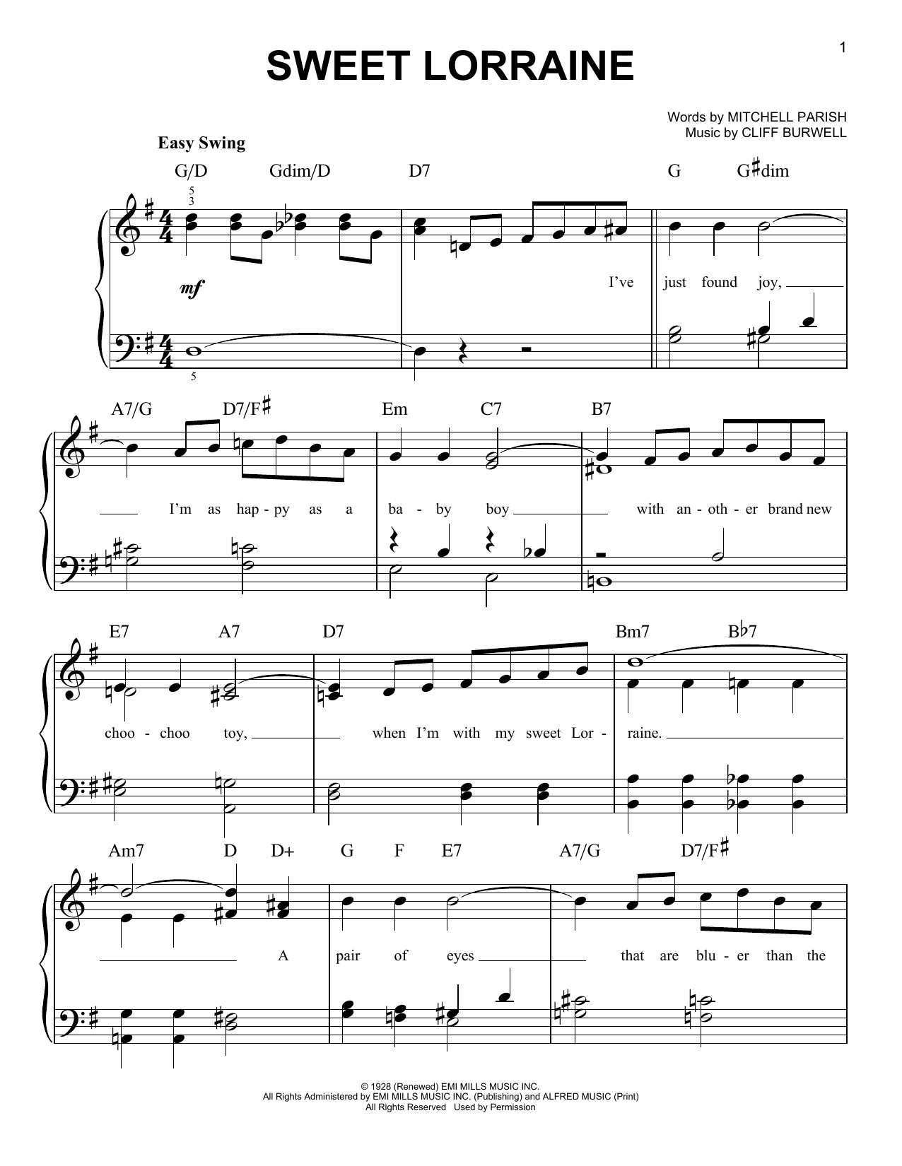 Learn to play Cliff Burwell Sweet Lorraine sheet music for Easy Piano in minutes. Price: 6.9900$ Cliff Burwell Sweet Lorraine sheet music notes and chords arranged for Easy Piano