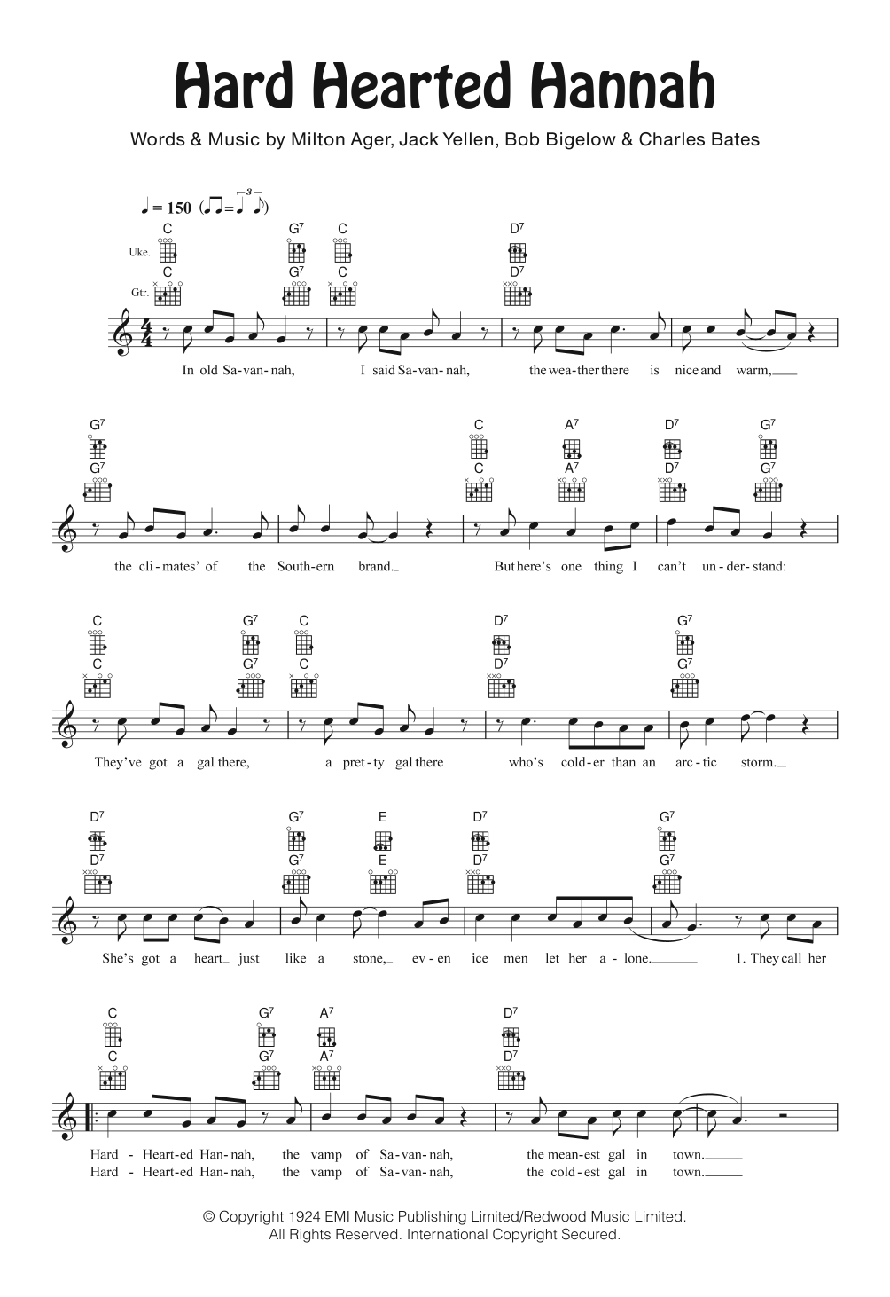 Learn to play Cliff Edwards Hard Hearted Hannah sheet music for Ukulele in minutes. Price: 5.9900$ Cliff Edwards Hard Hearted Hannah sheet music notes and chords arranged for Ukulele
