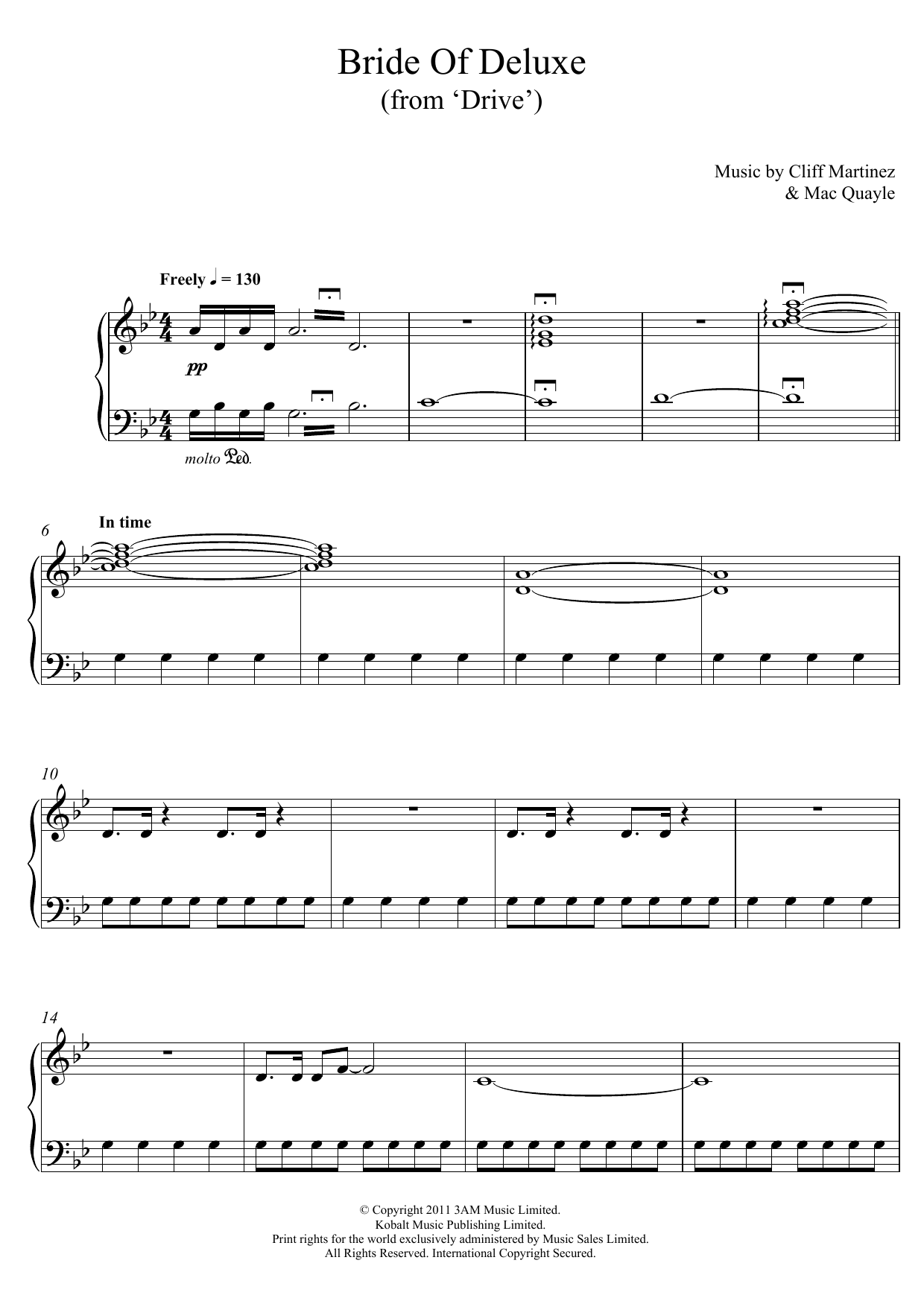 Learn to play Cliff Martinez Bride Of Deluxe (from 'Drive') sheet music for Piano Solo in minutes. Price: 7.8900$ Cliff Martinez Bride Of Deluxe (from 'Drive') sheet music notes and chords arranged for Piano Solo