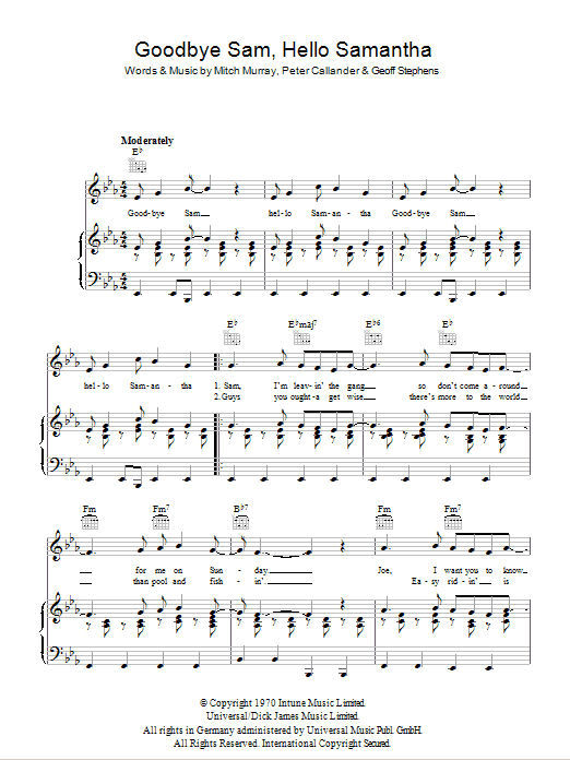 Cliff Richard Goodbye Sam, Hello Samantha sheet music notes and chords arranged for Piano, Vocal & Guitar Chords