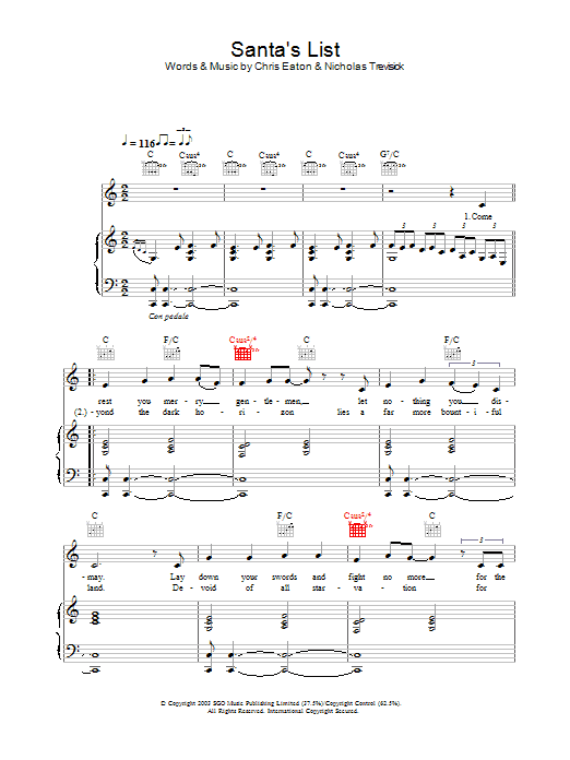 Learn to play Cliff Richard Santa's List sheet music for Piano, Vocal & Guitar Chords in minutes. Price: 7.8900$ Cliff Richard Santa's List sheet music notes and chords arranged for Piano, Vocal & Guitar Chords