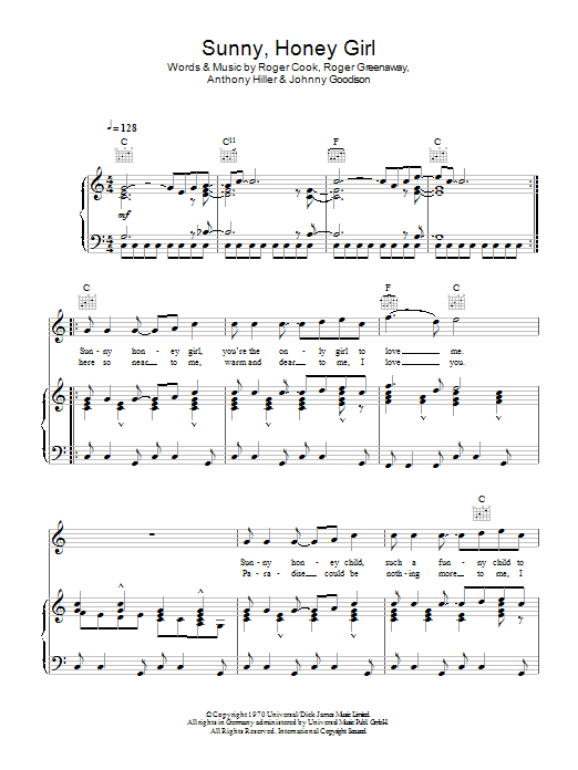 Learn to play Cliff Richard Sunny Honey Girl sheet music for Piano, Vocal & Guitar Chords in minutes. Price: 7.8900$ Cliff Richard Sunny Honey Girl sheet music notes and chords arranged for Piano, Vocal & Guitar Chords