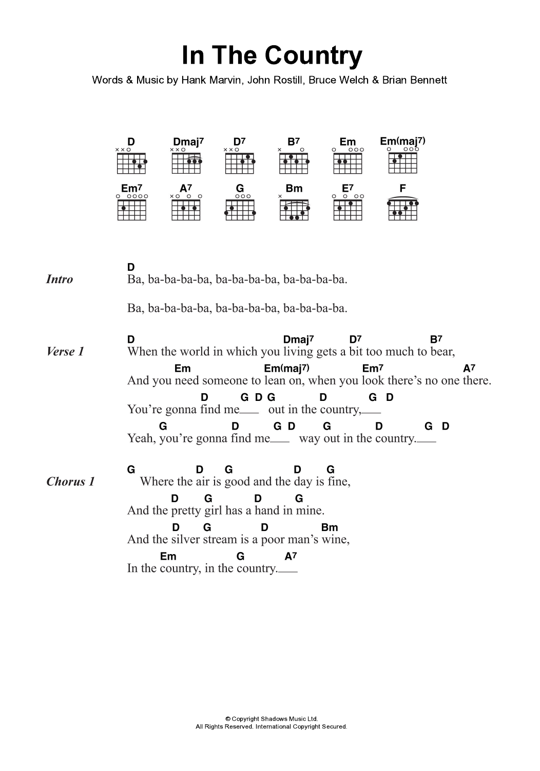 Learn to play Cliff Richard & The Shadows In The Country sheet music for Guitar Chords/Lyrics in minutes. Price: 4.4900$ Cliff Richard & The Shadows In The Country sheet music notes and chords arranged for Guitar Chords/Lyrics