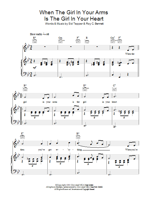 Learn to play Cliff Richard When The Girl In Your Arms Is The Girl In Your Heart sheet music for Piano, Vocal & Guitar Chords in minutes. Price: 7.8900$ Cliff Richard When The Girl In Your Arms Is The Girl In Your Heart sheet music notes and chords arranged for Piano, Vocal & Guitar Chords