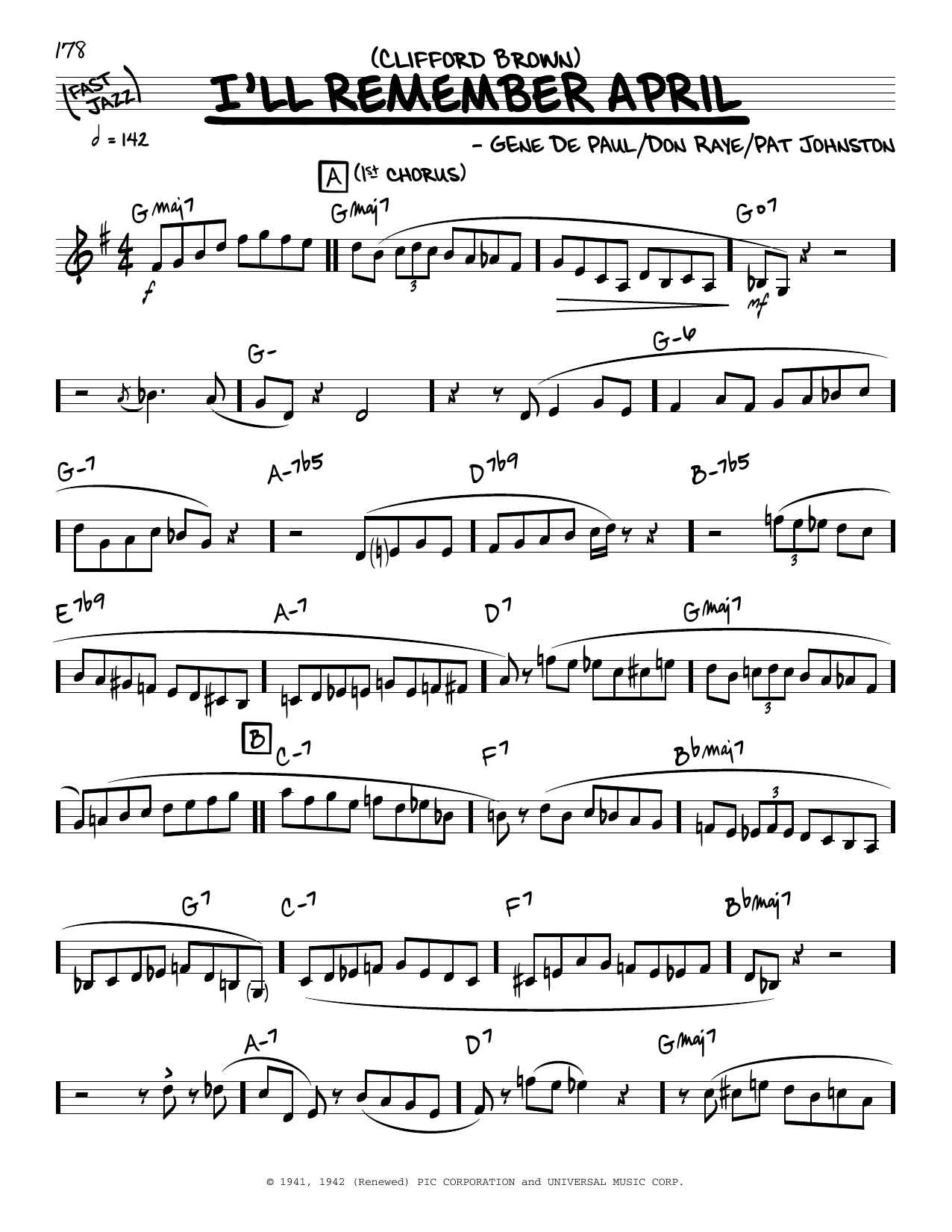 Clifford Brown I'll Remember April (solo only) sheet music notes and chords. Download Printable PDF.