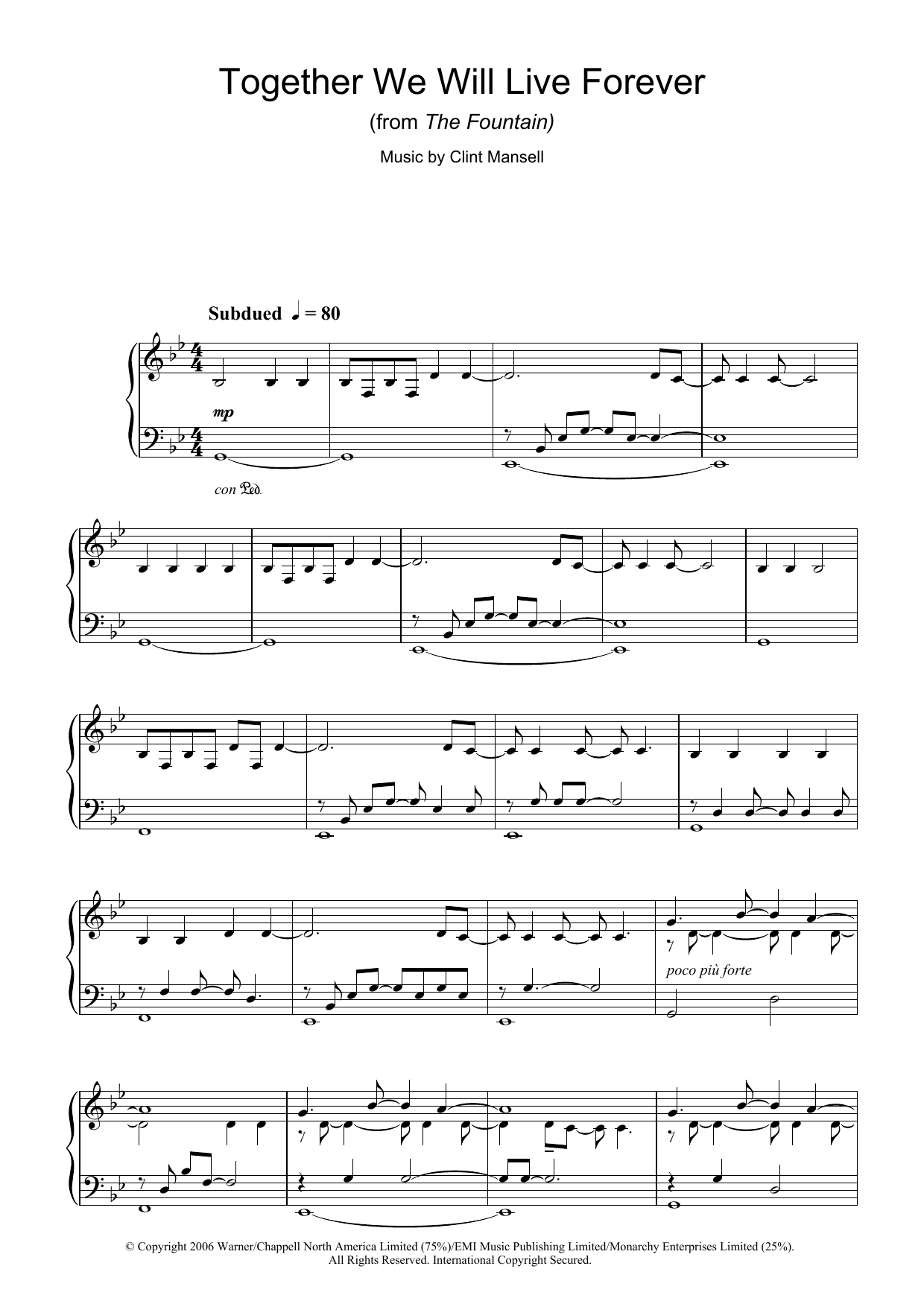 Clint Mansell Together We Will Live Forever (from The Fountain) sheet music notes and chords. Download Printable PDF.