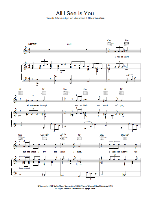 Learn to play Dusty Springfield All I See Is You sheet music for Piano, Vocal & Guitar Chords in minutes. Price: 7.8900$ Dusty Springfield All I See Is You sheet music notes and chords arranged for Piano, Vocal & Guitar Chords