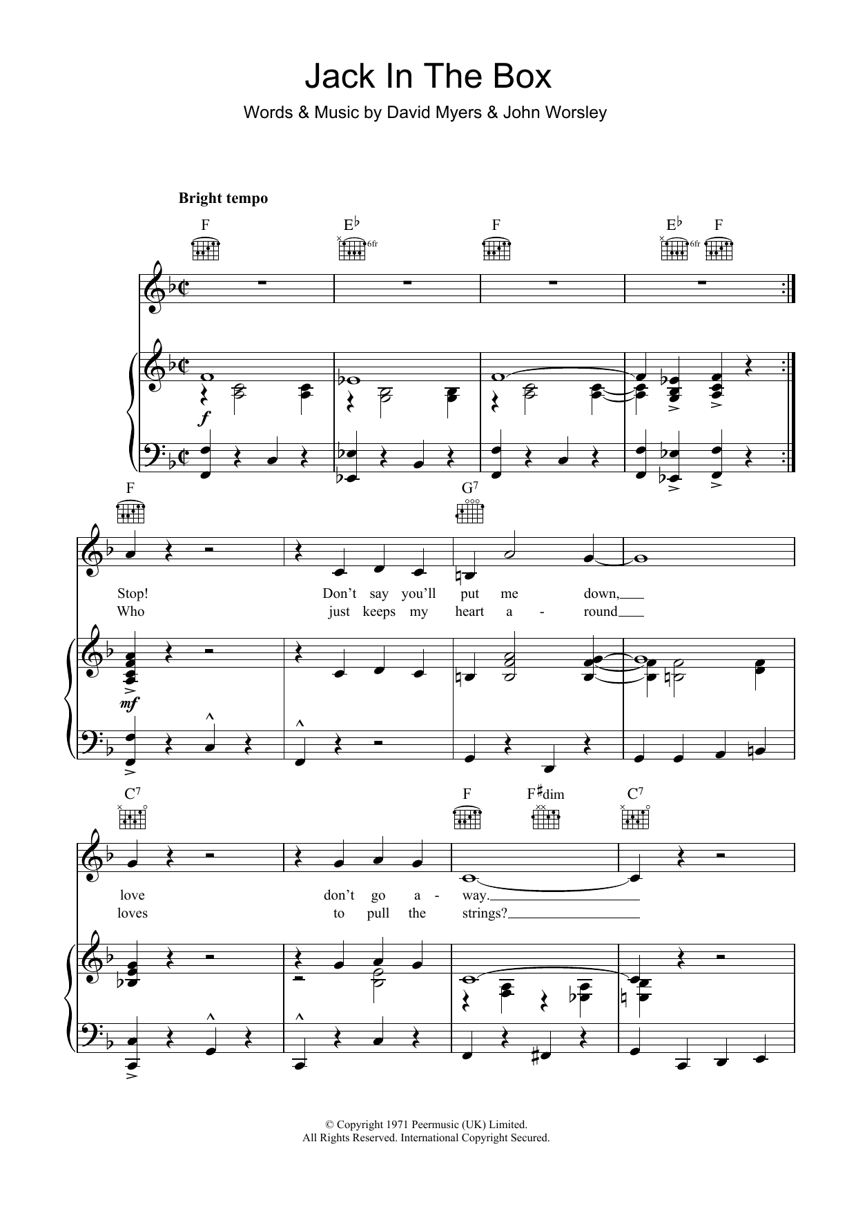 Clodagh Rodgers Jack In The Box sheet music notes and chords. Download Printable PDF.