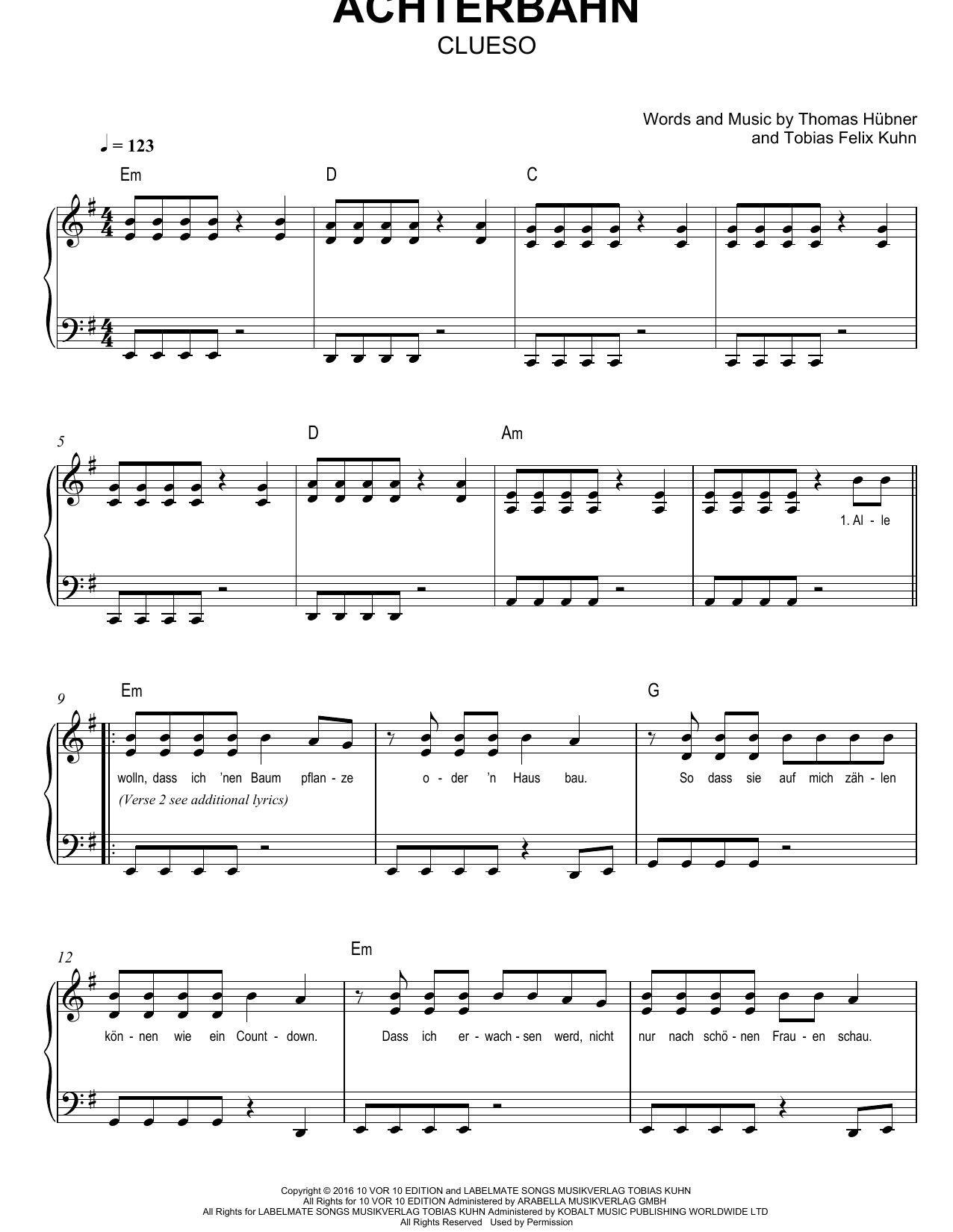 Learn to play Clueso Achterbahn sheet music for Easy Piano in minutes. Price: 6.9900$ Clueso Achterbahn sheet music notes and chords arranged for Easy Piano