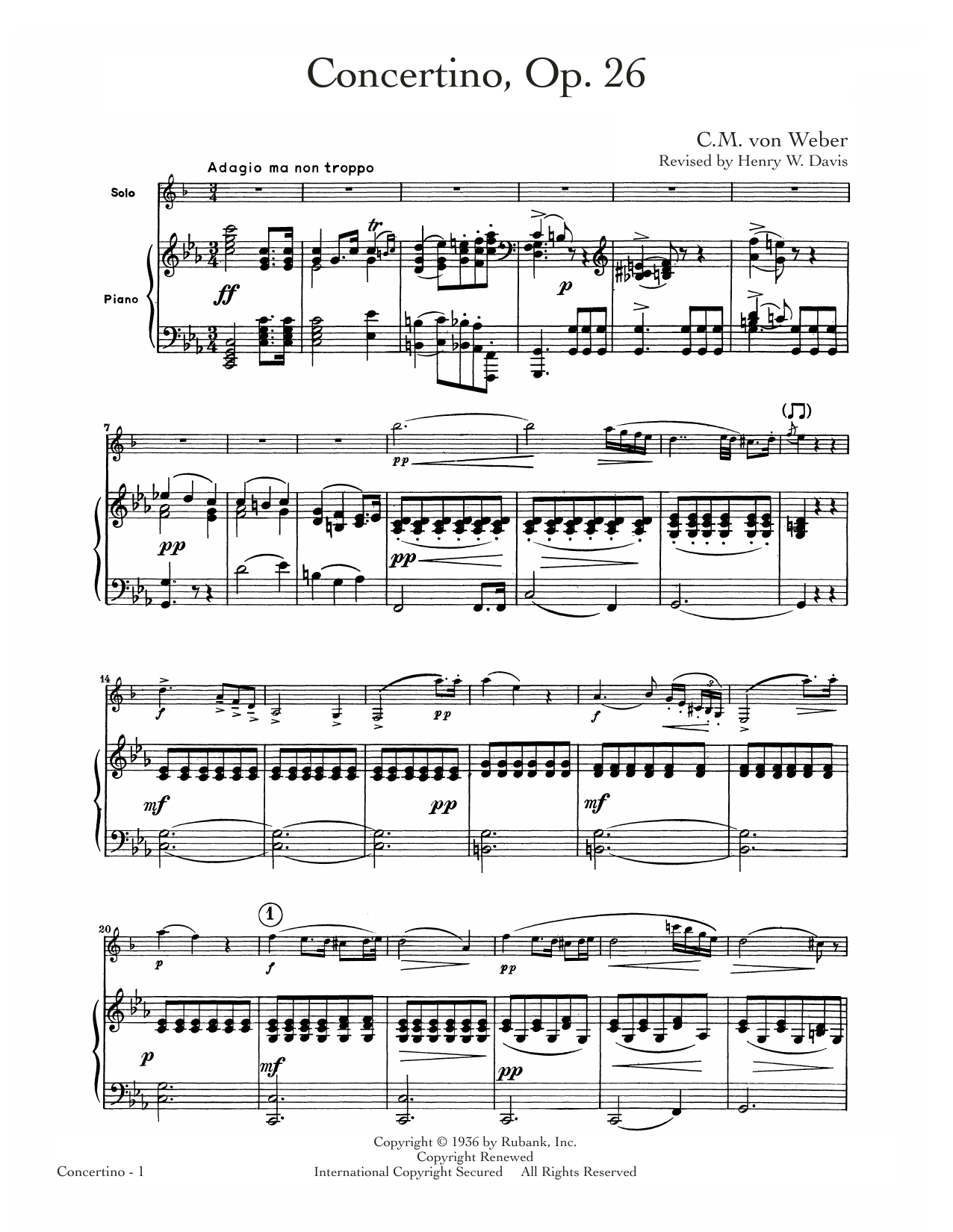 C.M. von Weber Concertino, Op. 26 sheet music notes and chords. Download Printable PDF.