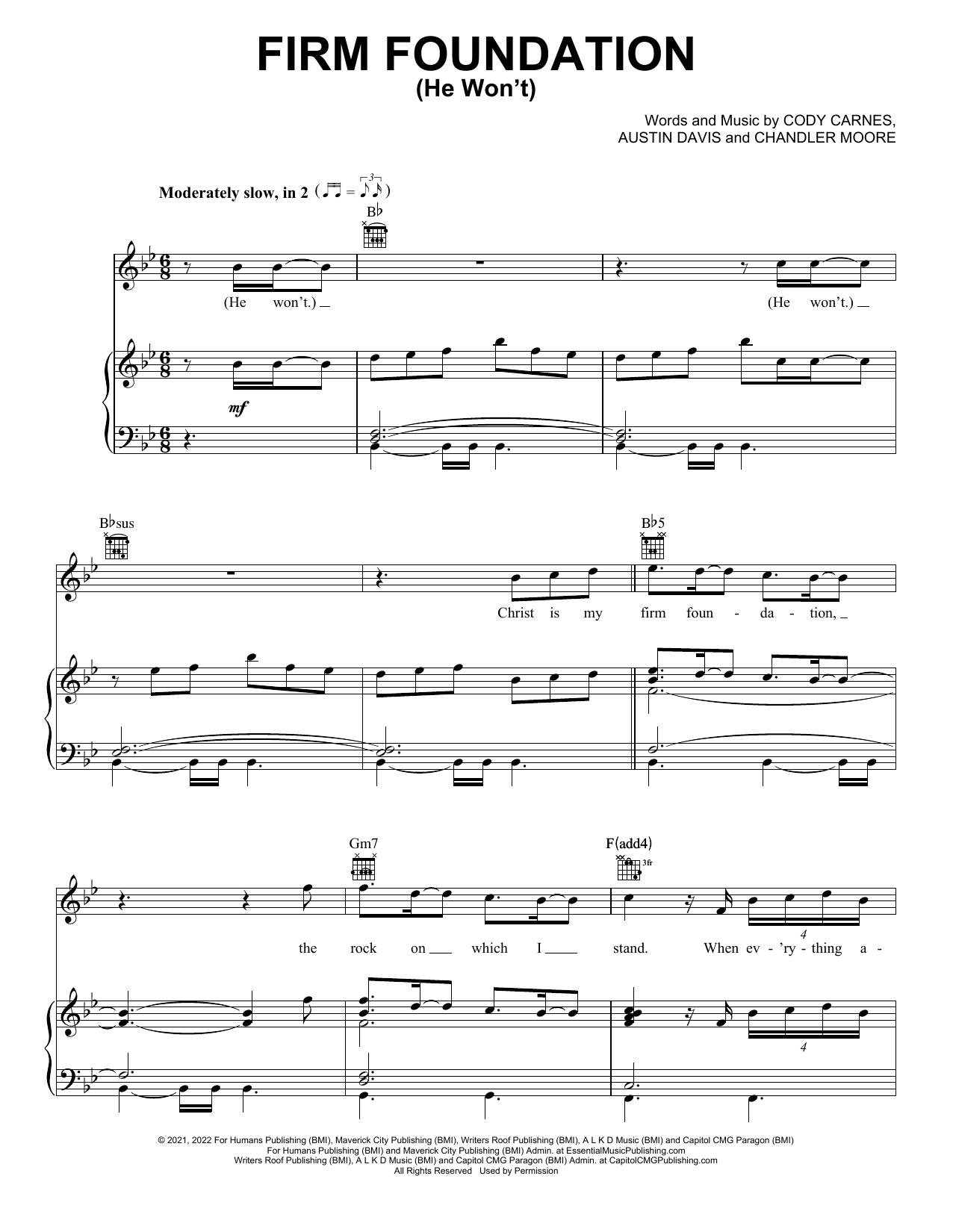 Cody Carnes Firm Foundation (He Won't) sheet music notes and chords. Download Printable PDF.