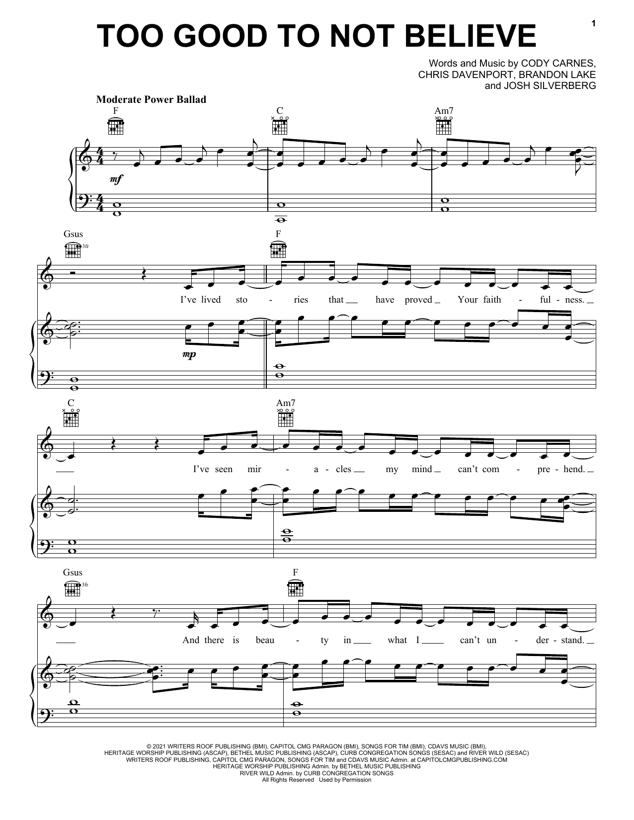 Cody Carnes Too Good To Not Believe (feat. Brandon Lake) sheet music notes and chords. Download Printable PDF.