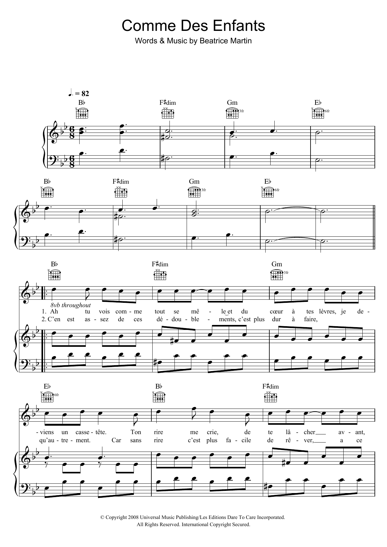 Learn to play Coeur De Pirate Comme Des Enfants sheet music for Piano, Vocal & Guitar Chords in minutes. Price: 7.8900$ Coeur De Pirate Comme Des Enfants sheet music notes and chords arranged for Piano, Vocal & Guitar Chords