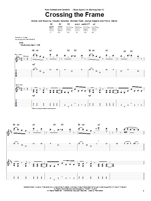 Learn to play Coheed And Cambria Crossing The Frame sheet music for Guitar Tab in minutes. Price: 7.8900$ Coheed And Cambria Crossing The Frame sheet music notes and chords arranged for Guitar Tab