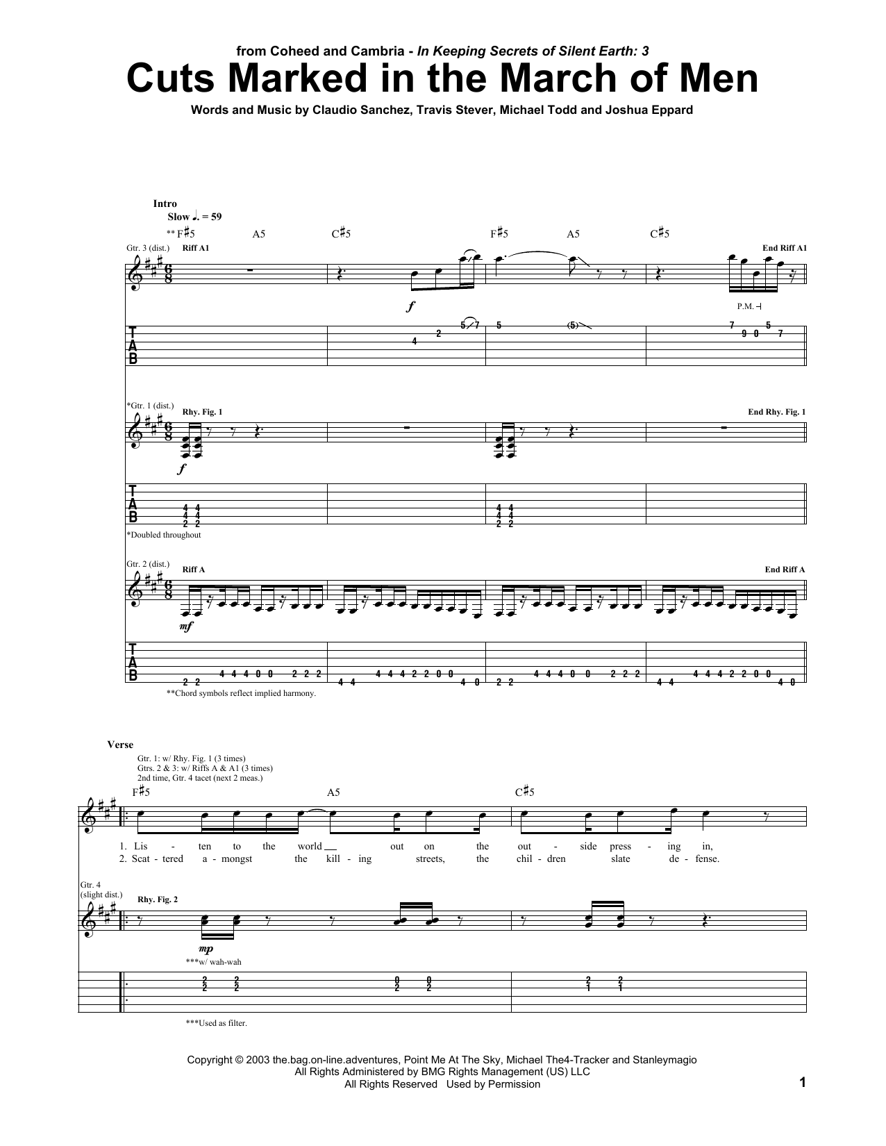 Learn to play Coheed And Cambria Cuts Marked In The March Of Men sheet music for Guitar Tab in minutes. Price: 7.8900$ Coheed And Cambria Cuts Marked In The March Of Men sheet music notes and chords arranged for Guitar Tab