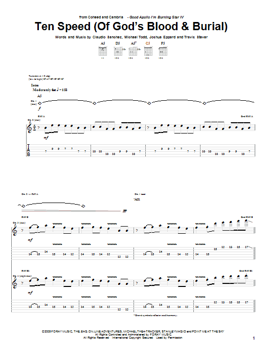 Learn to play Coheed And Cambria Ten Speed (Of God's Blood & Burial) sheet music for Guitar Tab in minutes. Price: 7.8900$ Coheed And Cambria Ten Speed (Of God's Blood & Burial) sheet music notes and chords arranged for Guitar Tab