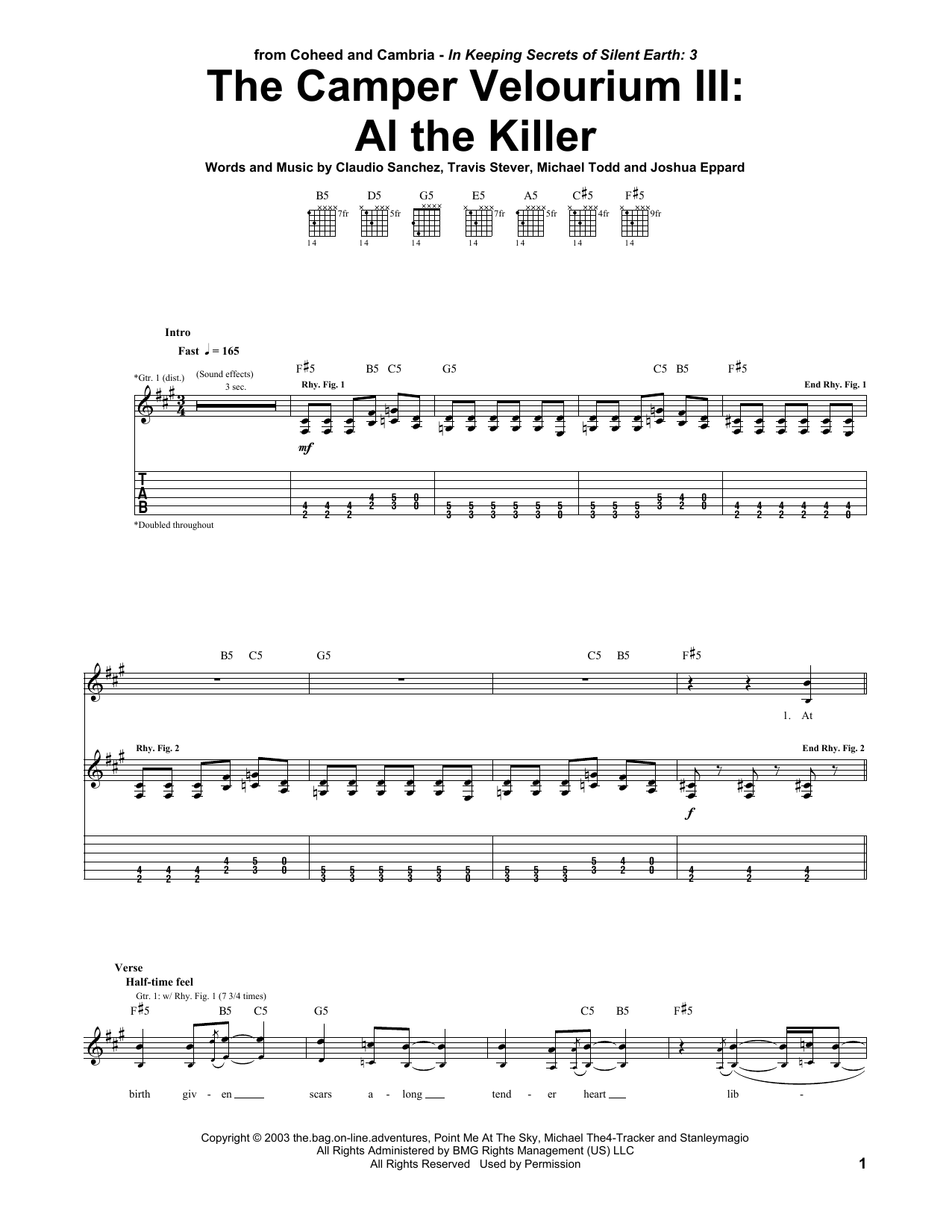 Learn to play Coheed And Cambria The Camper Velourium III: Al The Killer sheet music for Guitar Tab in minutes. Price: 7.8900$ Coheed And Cambria The Camper Velourium III: Al The Killer sheet music notes and chords arranged for Guitar Tab