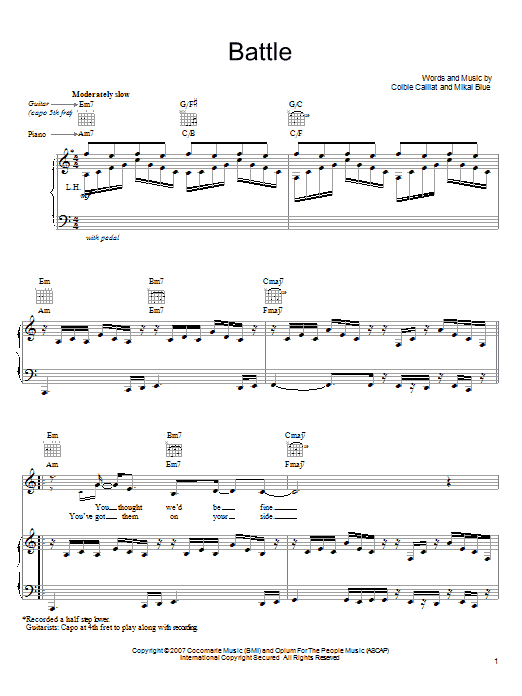 Learn to play Colbie Caillat Battle sheet music for Piano, Vocal & Guitar Chords (Right-Hand Melody) in minutes. Price: 7.8900$ Colbie Caillat Battle sheet music notes and chords arranged for Piano, Vocal & Guitar Chords (Right-Hand Melody)