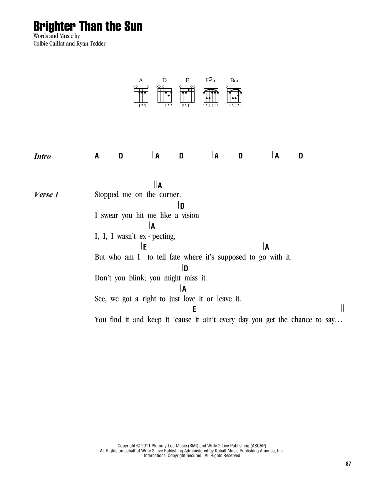 Colbie Caillat Brighter Than The Sun sheet music notes and chords. Download Printable PDF.