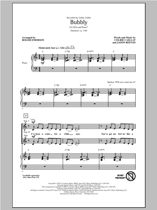 Learn to play Colbie Caillat Bubbly (arr. Roger Emerson) sheet music for SSA Choir in minutes. Price: 3.9900$ Colbie Caillat Bubbly (arr. Roger Emerson) sheet music notes and chords arranged for SSA Choir